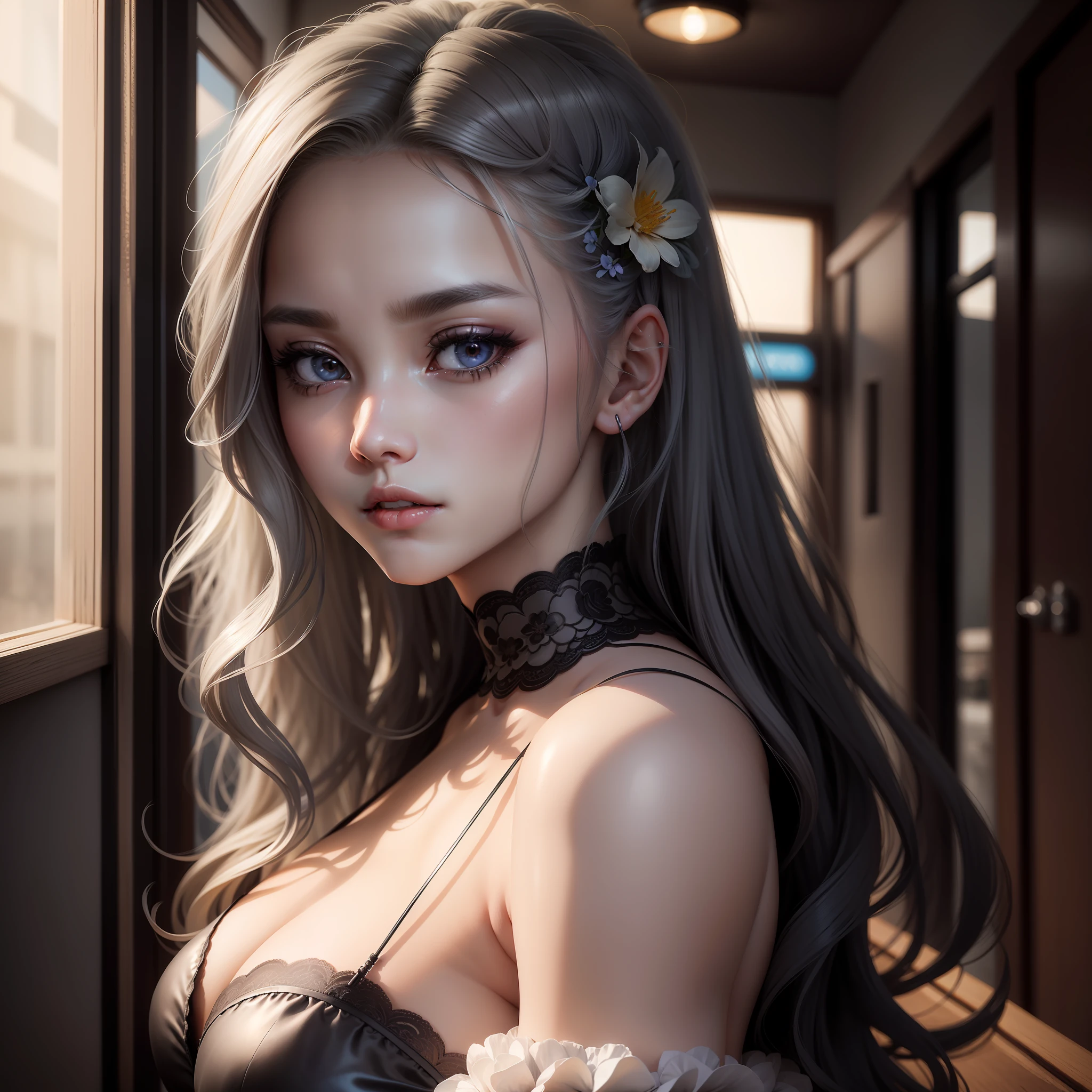 top-quality、超A high resolution、(Photorealsitic:1.4)、Female 1 Person、kosmos、(Kpop Idle)、(attractiveness:1)、(Platinum blonde grey hair: 1), ((Puffy eyes)), Look at the viewer, full bodyesbian, florals