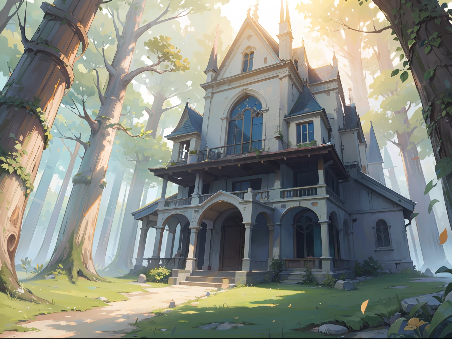(masterpiece), best quality, ultra high res, detailed architecture, detailed structure, (warm pastel color), forest, fantasy forest, leaf, tree, sea
