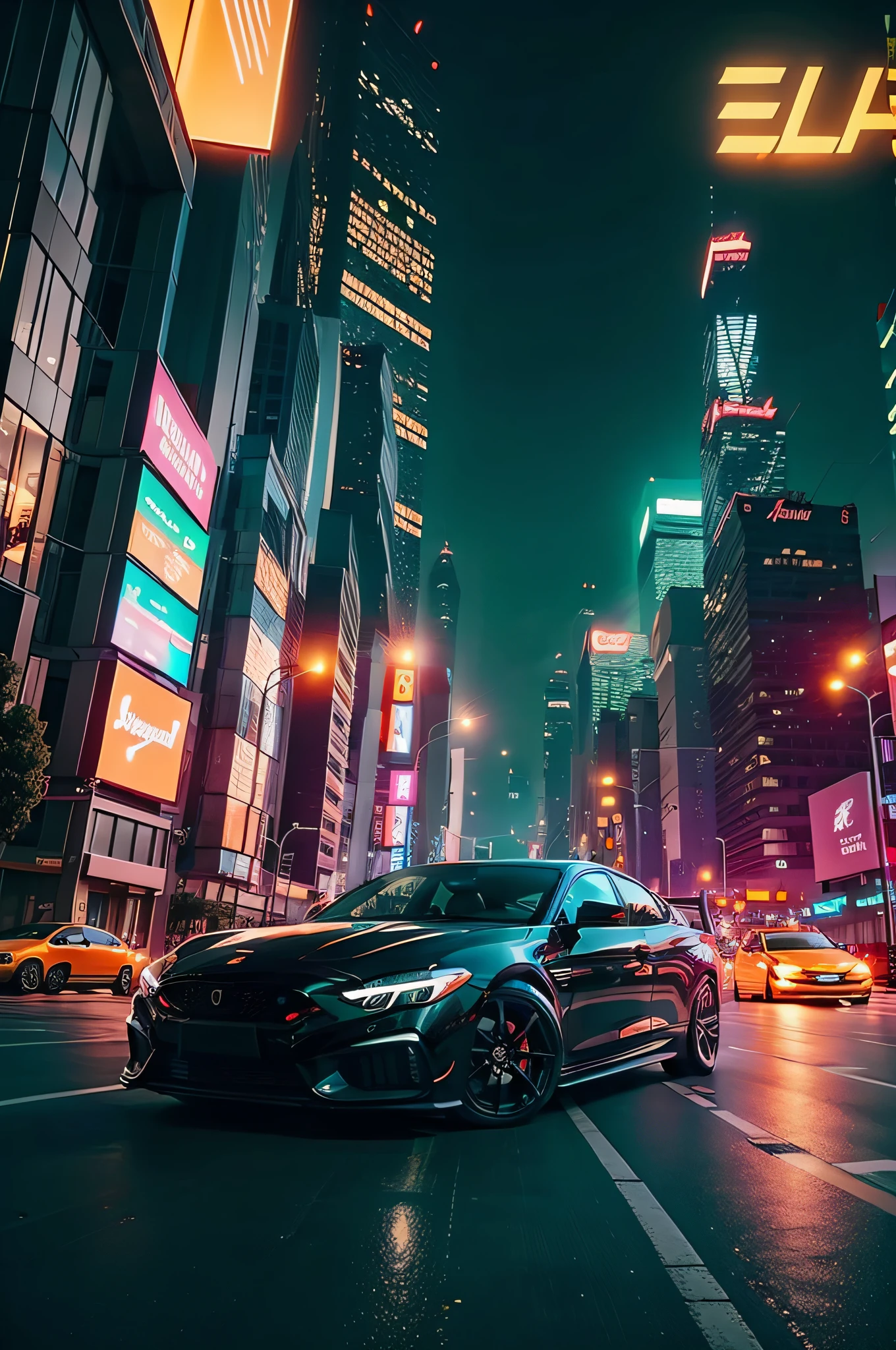 (high high quality,best qualityer),(Sharp focus)4K Unity wallpaper,Front quarter view,cyber punk perssonage(Orange sports car:1.2),Street style,Spoiler,rusted,Fragmentation,applique,(电影灯光) :1.2)、depth of fields、bokeh、during night、Dark theme、城市、neonlight