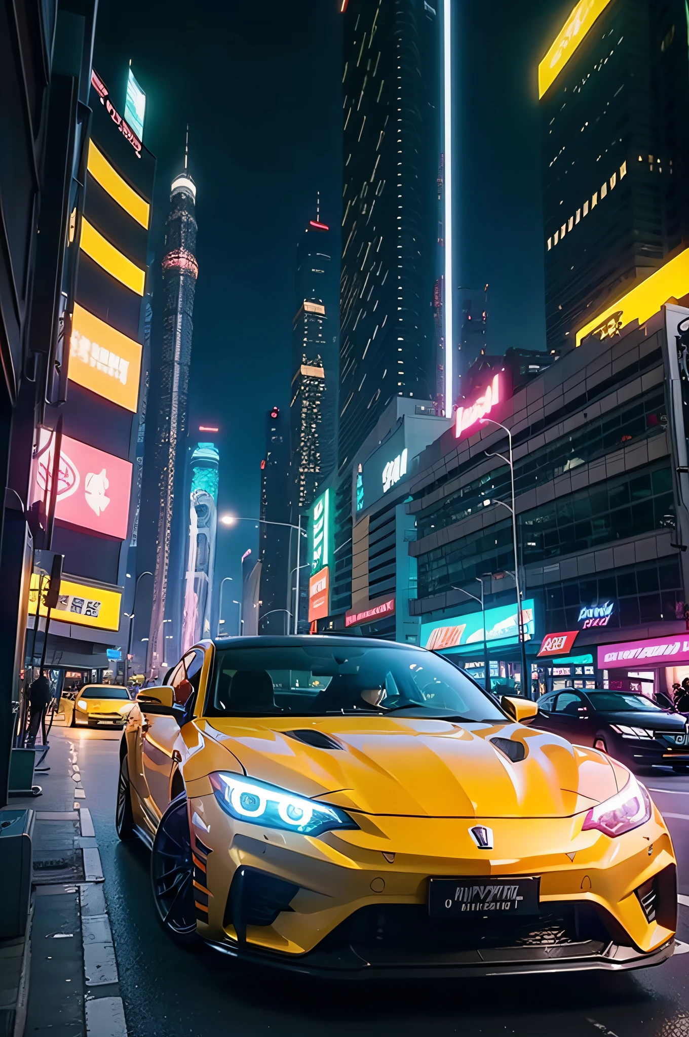 (high high quality,best qualityer),(Sharp focus)4K Unity wallpaper,Front quarter view,cyber punk perssonage(Orange sports car:1.2),Street style,Spoiler,rusted,Fragmentation,applique,(电影灯光) :1.2)、depth of fields、bokeh、during night、Dark theme、城市、neonlight