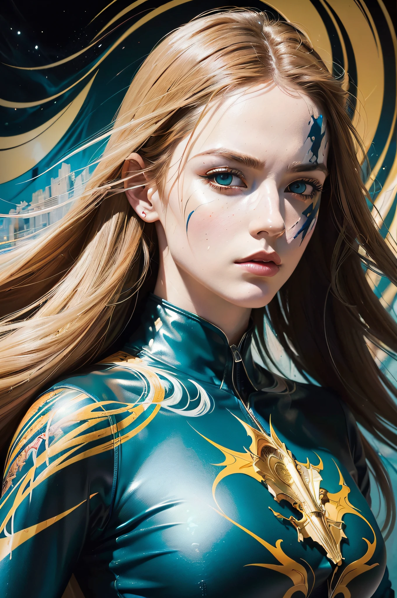 best quality, masterpiece, (realistic:1.2), detailed face, beautiful eyes, (masterpiece, top quality, best quality, official art, beautiful and aesthetic:1.2), (1girl:1.4), extreme detailed, (Joshua Middleton comic cover art:1.1), (Action painting:1.2), (concretism:1.2), theater dance scene, (hypermaximalistic:1.5), colorful, highest detailed,