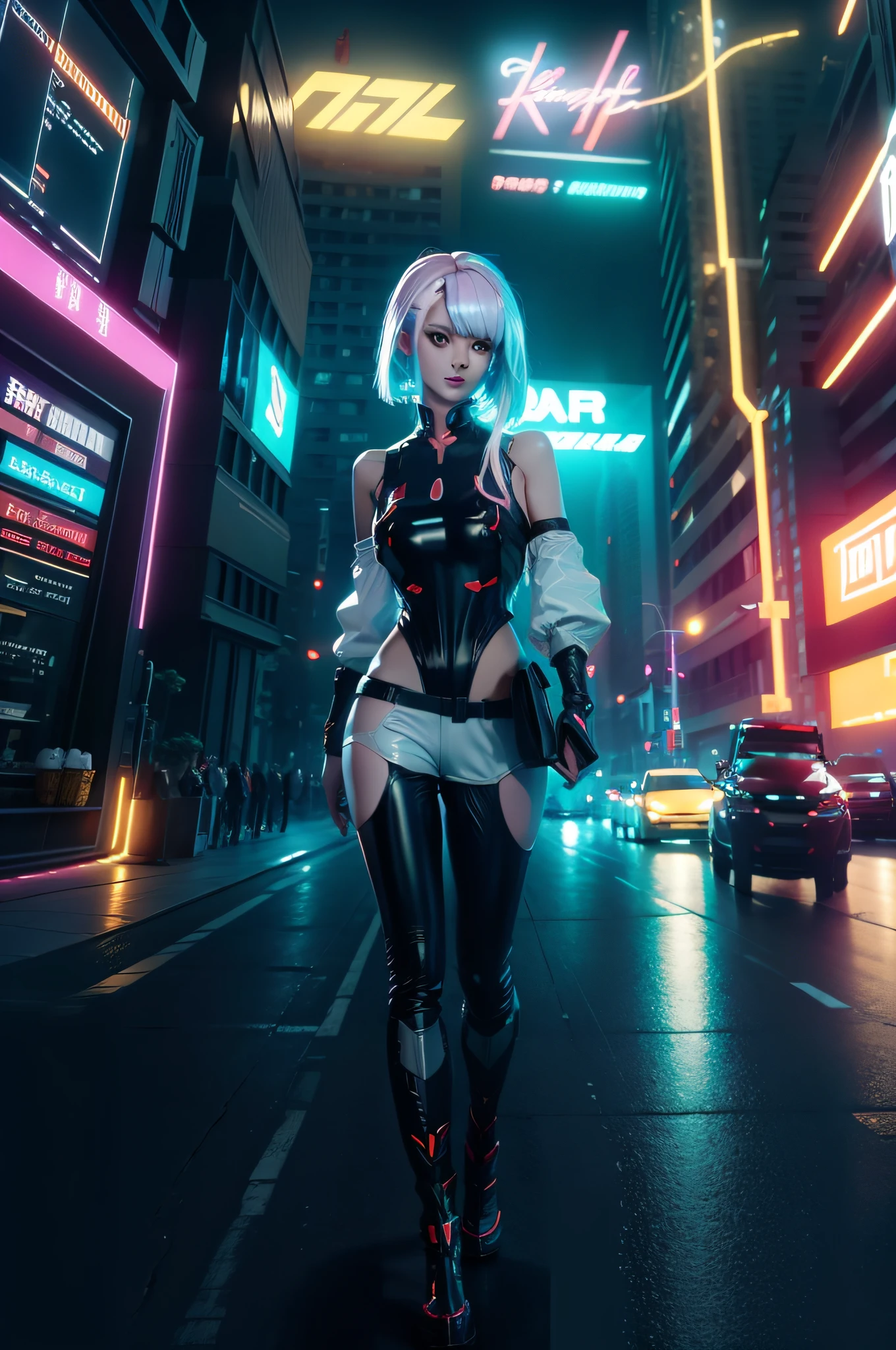 （high high quality，best qualityer），（Sharp focus）4K Unity wallpaper，Front quarter view，cyber punk perssonage（Orange sports car：1.2），Street style，Spoiler，rusted，Fragmentation，applique，（电影灯光） ：1.2)、depth of fields、bokeh、during night、Dark theme、城市、neonlight