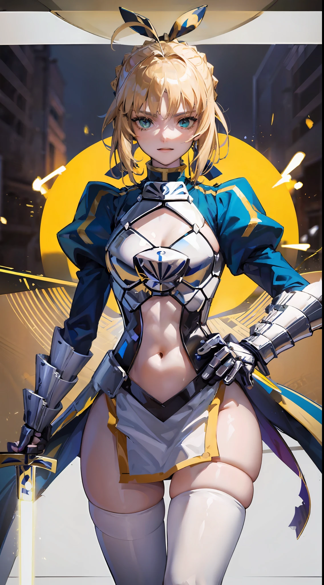 Artoria Pendragon (saber),Yellow theme,holdingsword,armor,exposing your navel,SakuraNS,Promotional poster style,D cup,exposing your navel,Sexy one-piece stockings,Happy look,Fleshy thighs