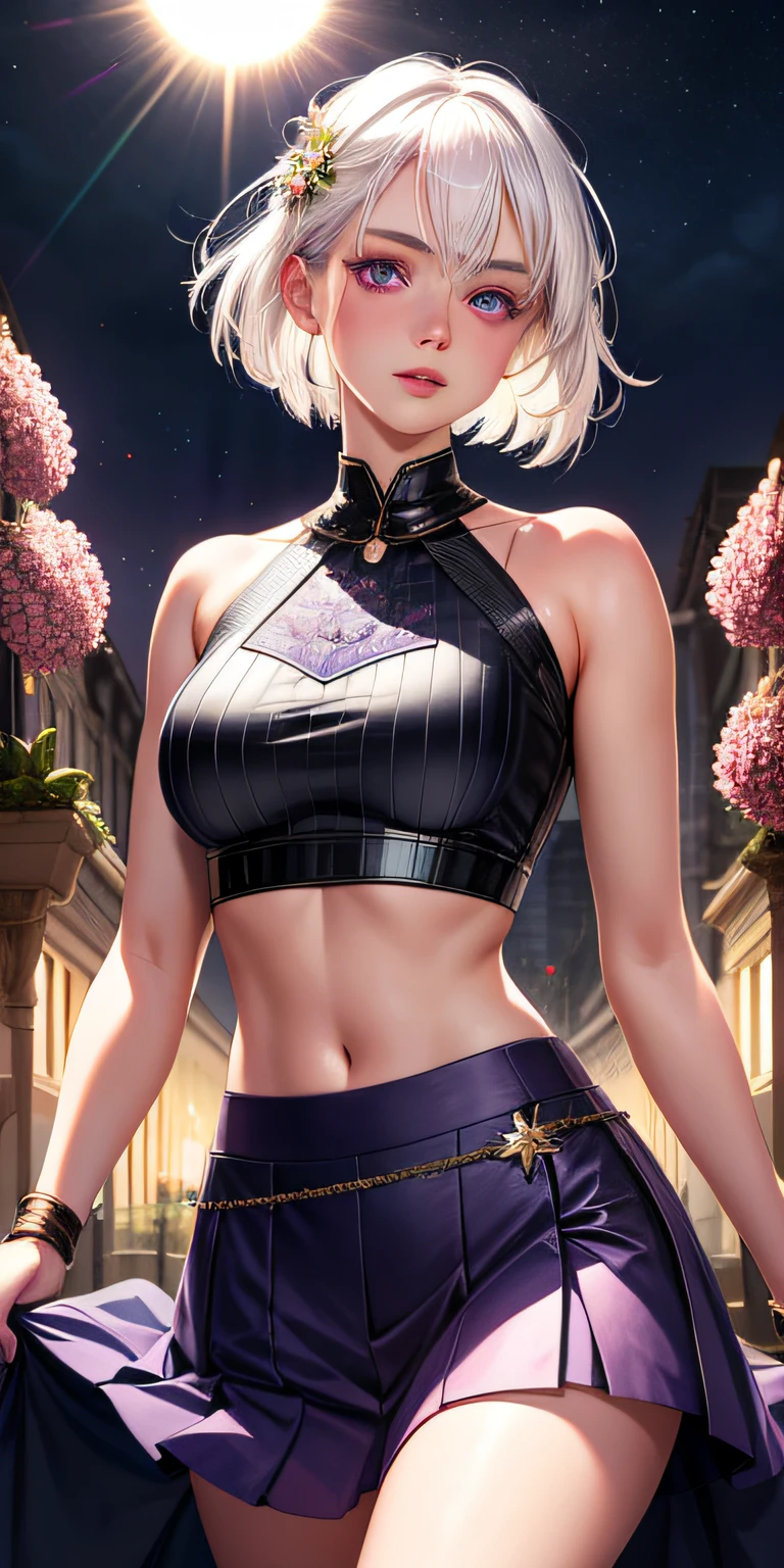 realistic, 1girl, white hair, purple eyes, glowing eyes, crop top, skirt, parted lips, blush, night, flowers, sun, sunlight,