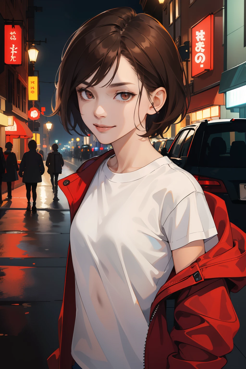 (absurdres, highres, ultra detailed, HDR), masterpiece, best quality, 1girl, pretty, very short hair, dark brown hair, brown eye, androgynous, fine eye and detailed face, (white t-shirt), (red jacket), dimple, night street, night city, midnight, selfie shot, light smile