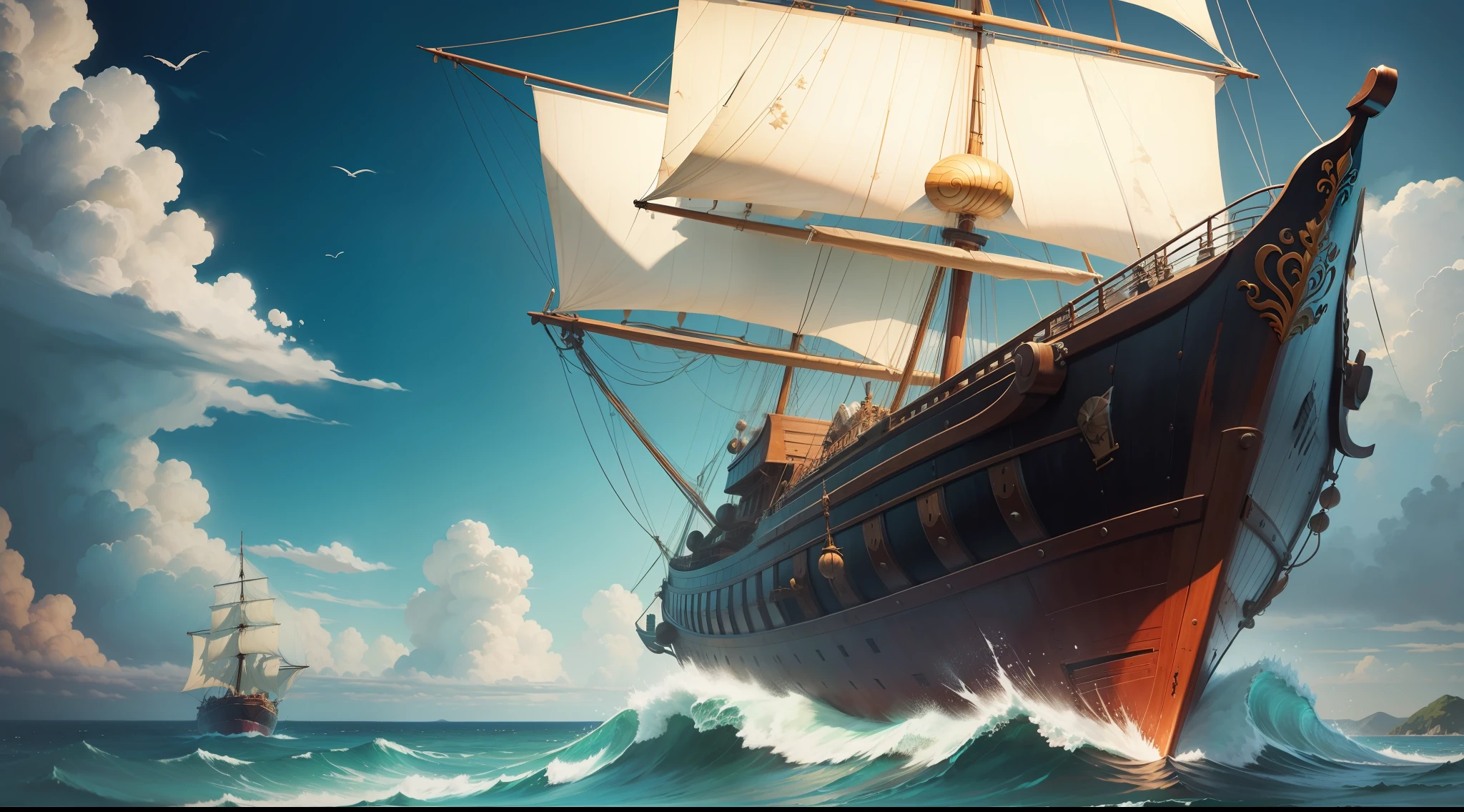 nami, one piece, landscape, sea, wood ship