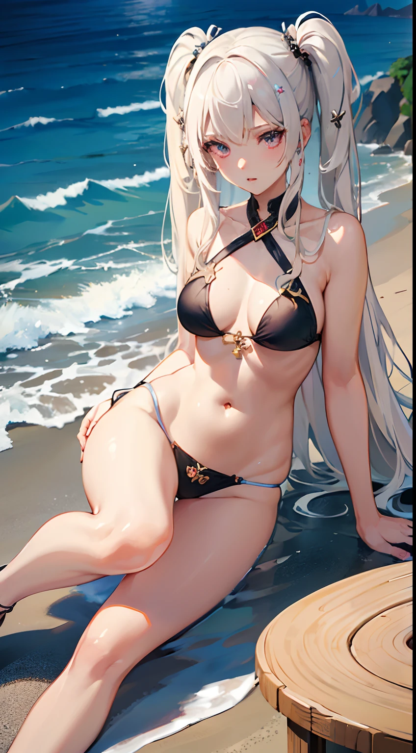 ((Best Quality)), (Ultra-detailed), ((Extremely detailed)), (Beautiful), ((Kawaii Girl)),(two side up hair).,Platinum Blonde Hair,Long hair, hair between eye, Wavy Hair, Long sideburns,Jade-colored eyes, White skin,Normal Chest,Slender body,Cross Halter Bikini,Sandals,Sitting,in beach,Look Camera