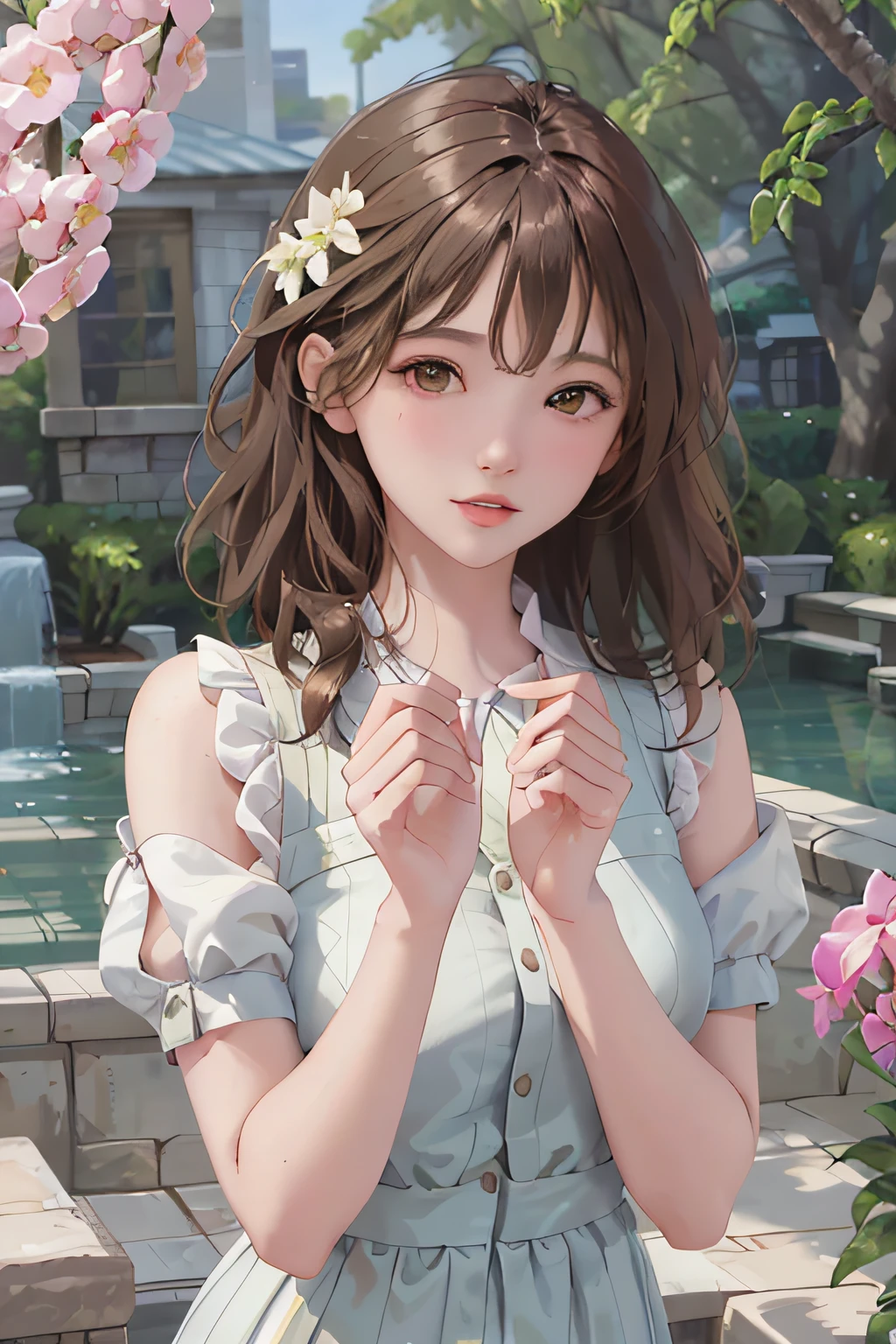masterpiece, best quality, an extremely delicate and beautiful girl,an extremely delicate and beautiful, in beautiful garden, ultra-detailed, highly detailed, best quality, short brown hair, brown eyes, upper body, highres, extremely detailed,1girl, best quality, illustration, looking at viewer, hands down, impasto, canvas, oil painting, realistic, realist ,real