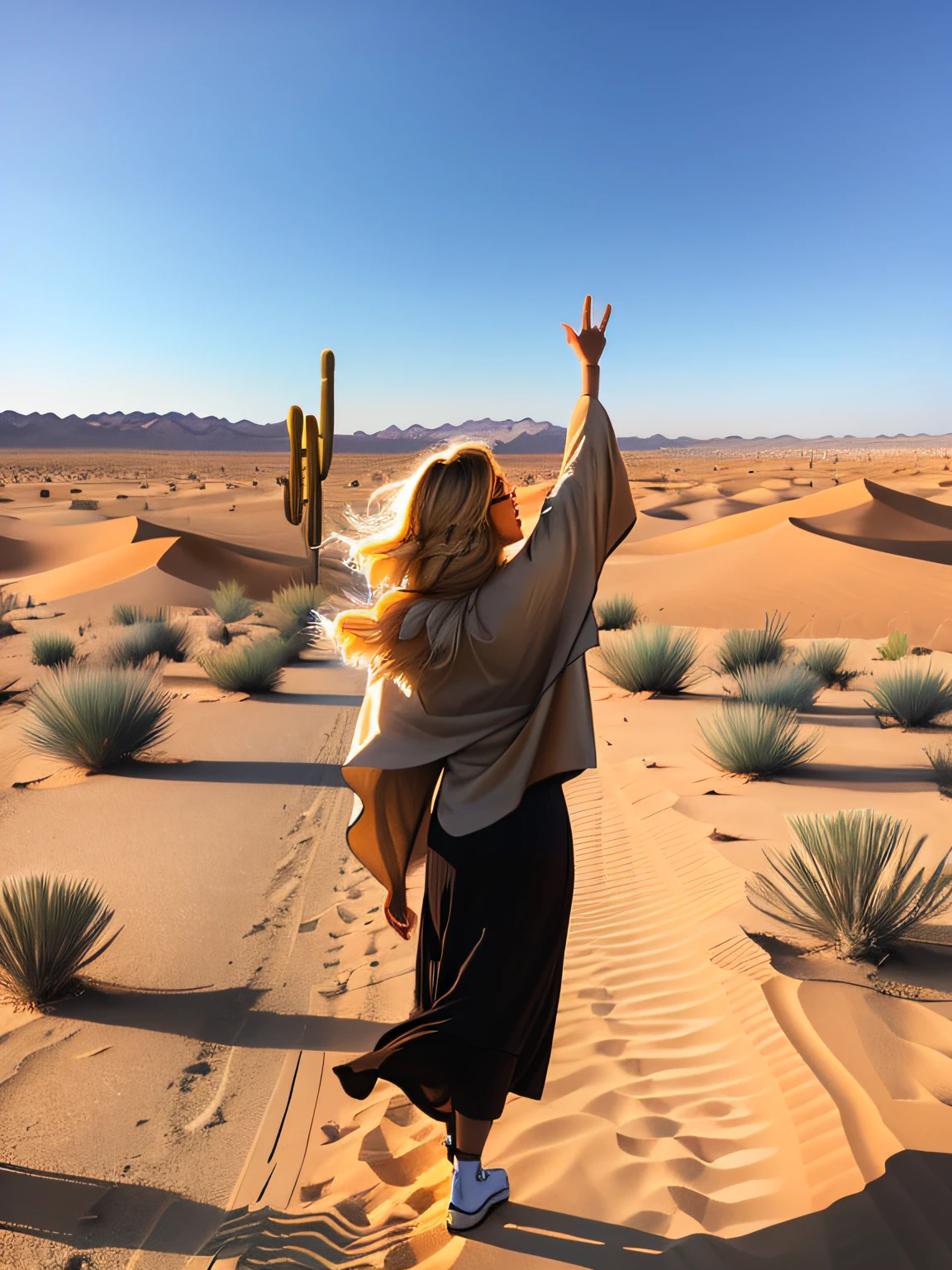 Woman standing on a wooden bridge，Arms dangled, standing in desert, Standing in the desert, standing in desert, at the desert, standing next to desert oasis, In the middle of the desert, Stand with your back to us, stands in center with open arms, crossing the desert, in a desert, Stand triumphantly，Stand proudly, walking in a desert，With a smile，very confident，mirage，high qulity，tmasterpiece，celebrating