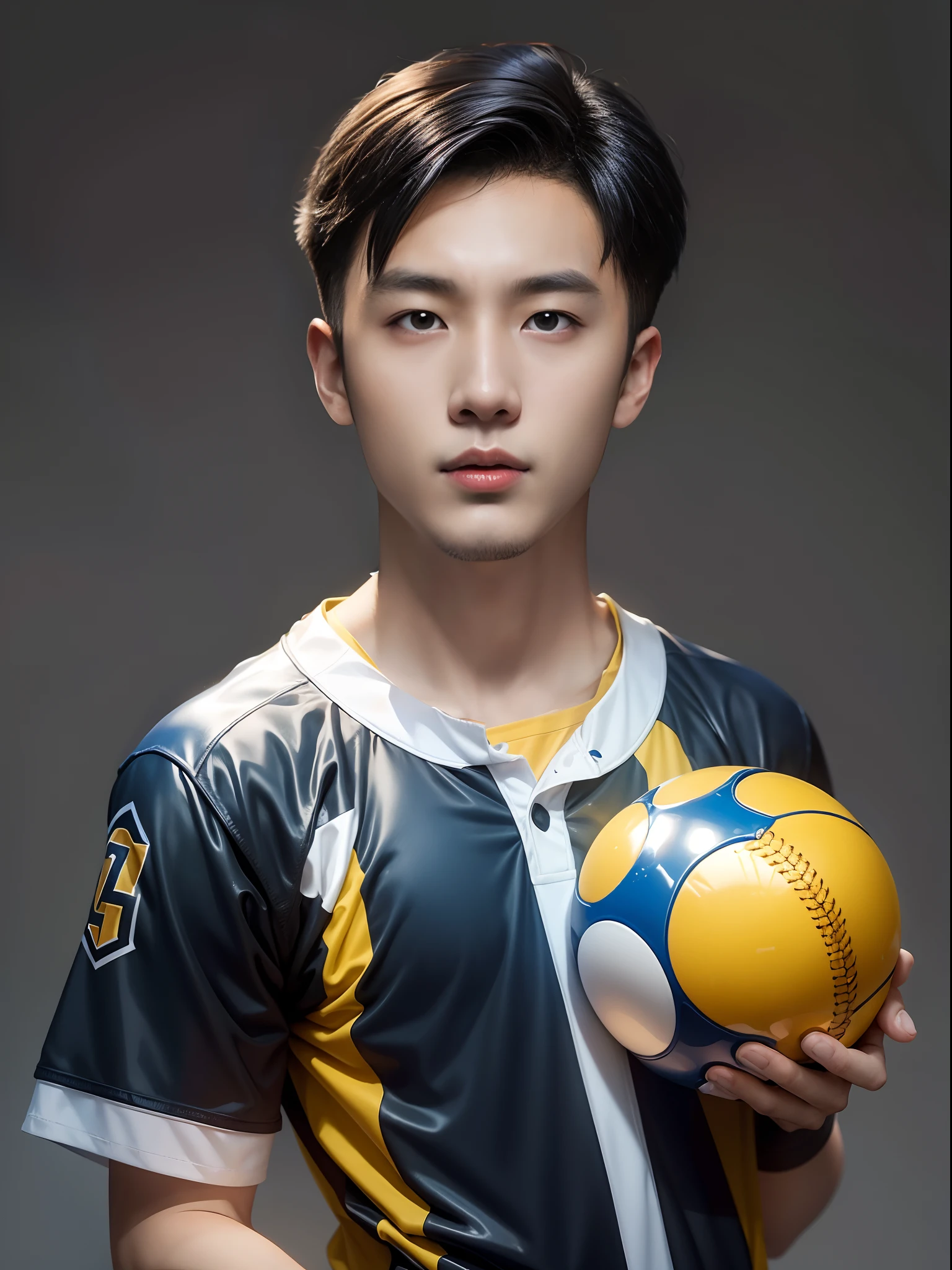 A 16-year-old Chinese male high school student,Wearing a PVC yellow baseball jersey,cyanhair,greybackground