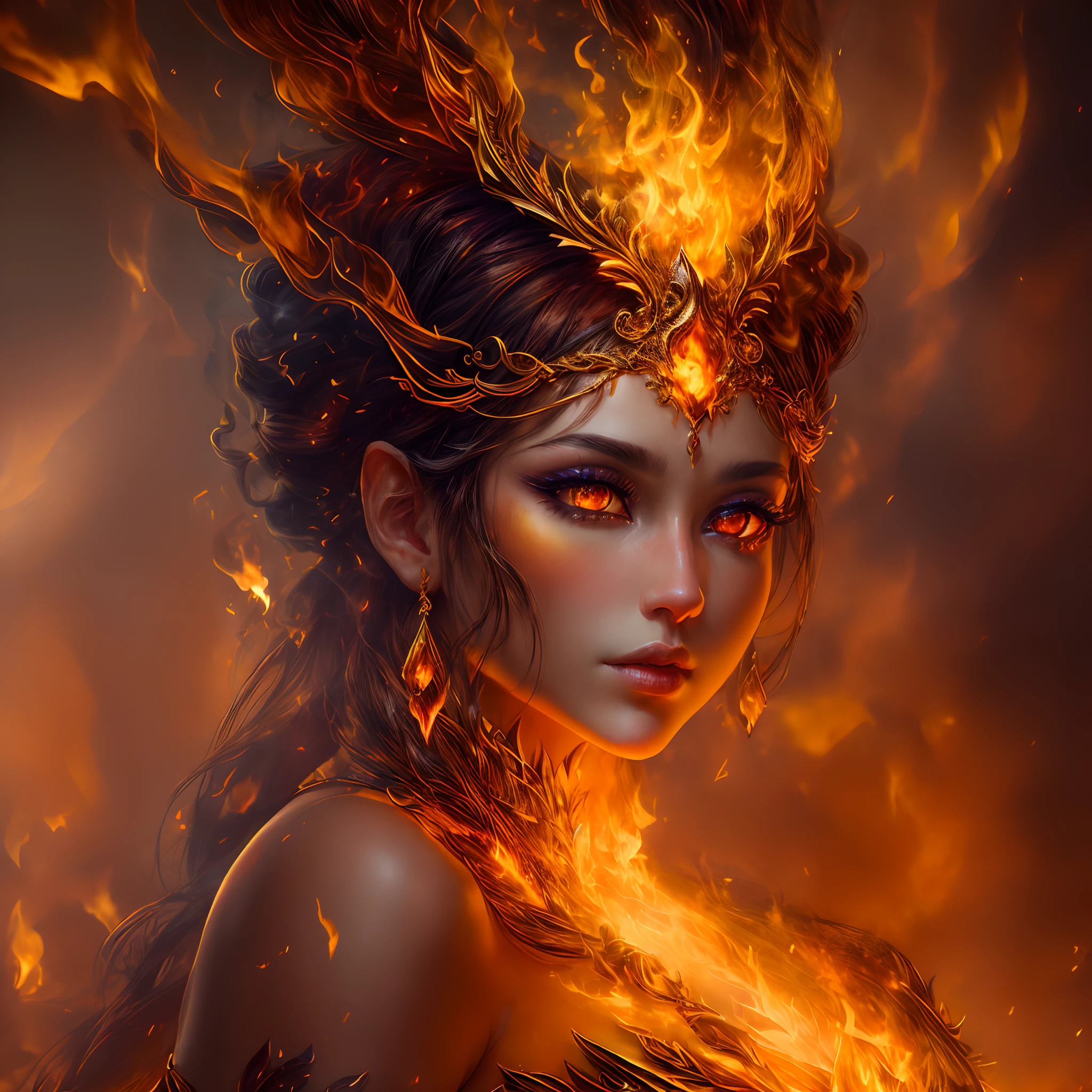 This (realistic fantasy) art contains embers, real flames, real heat, and realistic fire. Generate a masterpiece artwork of a petite female fire druid with large (((orange and gold))) eyes. The fire druid is awe-inspiring with beautiful ((realistic fiery eyes)) alight with confidence and power. Her features are elegant and well defined, with ((soft)) and (((puffy))) and (((smooth))) lips, elven bone structure, and realistic shading. (((Her eyes are important and should be the focal point of this artwork))), with ((extremely realistic details, macro details, and shimmer.)) She is wearing a billowing and glittering gown ((made of realistic flames)) and jewels that glimmer in the fire light. Wisps of fire and smoke line the intricate bodice of the dress. Include bumps, stones, fiery iridescence, glowing embers, silk and satin and leather, an interesting background, and heavy fantasy elements. Camera: Utilize dynamic composition techniques to enhance the realistic flames.