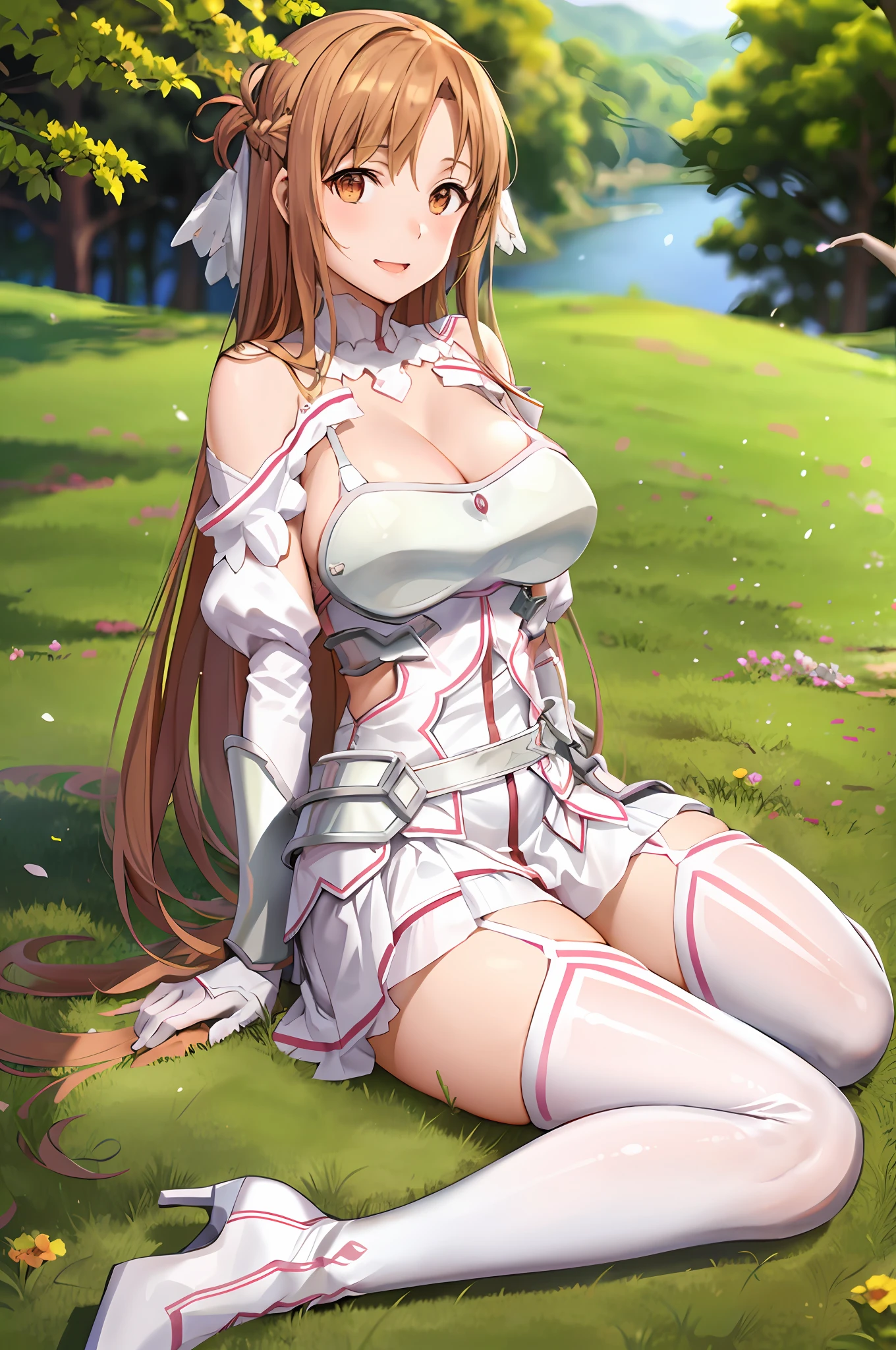 stacia, asuna, asuna_\(sao\), 1girl, (sexy pose:1.2), fantasy, highres, original, realistic, (excite), scenery, close_up, upper_body, (sit on a grass), smiling, solo, (potruding nipple:1.2), long hair, (huge breasts:1.3), looking at viewer, smile, open mouth, bangs ,detailed eyes, beautiful background, (forrest), hands on the chest, orange hair, (spread legs:1.3), thighhighs, gloves, dress, (cleavage:1.4), bare shoulders, brown eyes, very long hair, standing, (full body:1.5), white gloves, white dress, (open Breasts:1.5), armor, white thighhighs, garter straps, breeze, white armor, abec