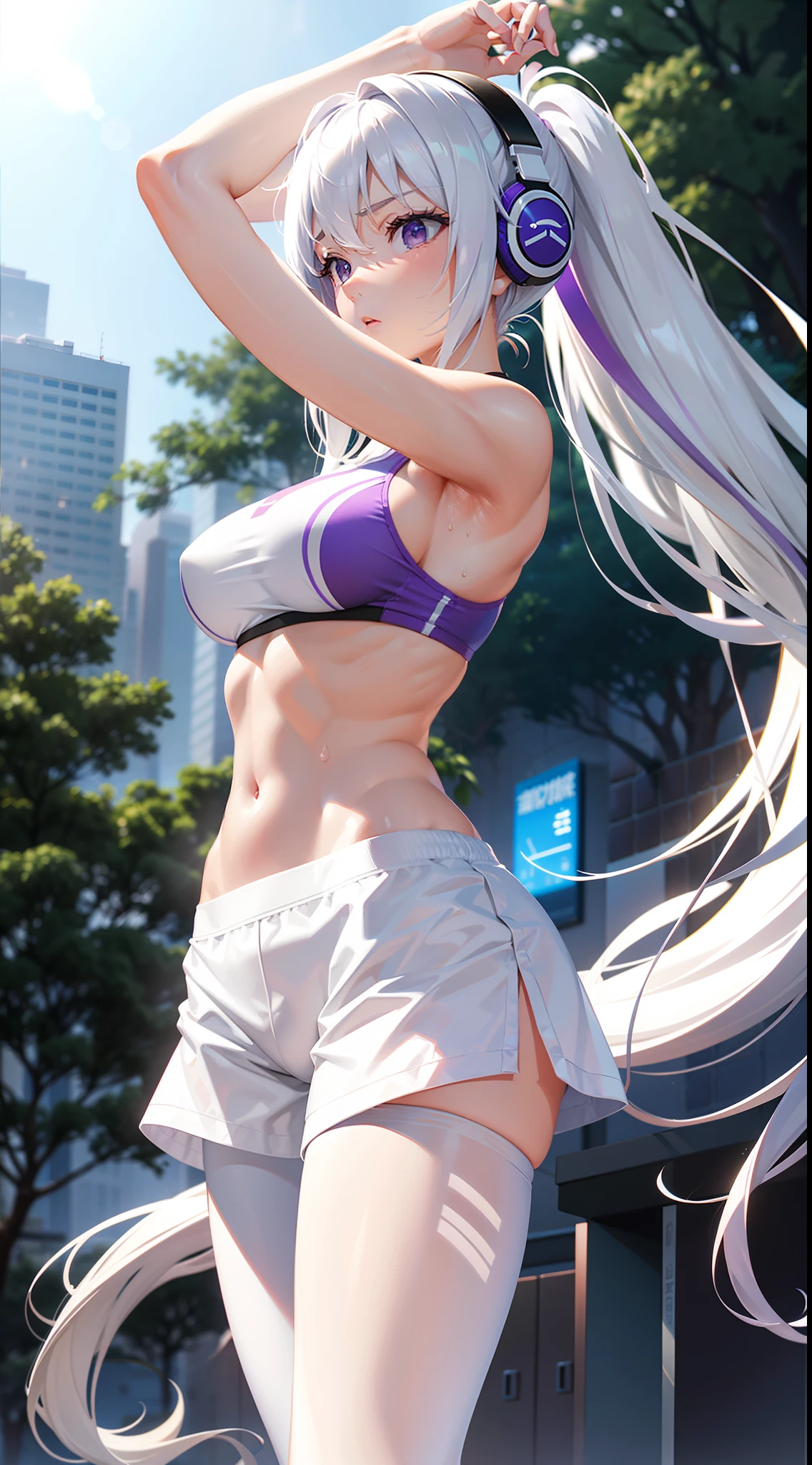 Comic style,High-quality characters,1个Giant Breast Girl,Exquisite facial features,The complexion is very fair,Lean body type,Thin leg,All-round illumination,Side view,Close-up distance,smallunderboob,Medium long hair in white purple,dual horsetail,Strip dyeing,White gradient hair color,Powder and white minimalist style headphones,short sleeve T-shirts,Sports coat,Light sports shorts,White pantyhose,Sneakers,Full Body Sweat,Raise your arms and stretch your waist,Tired expression,slightly red face,Park background。