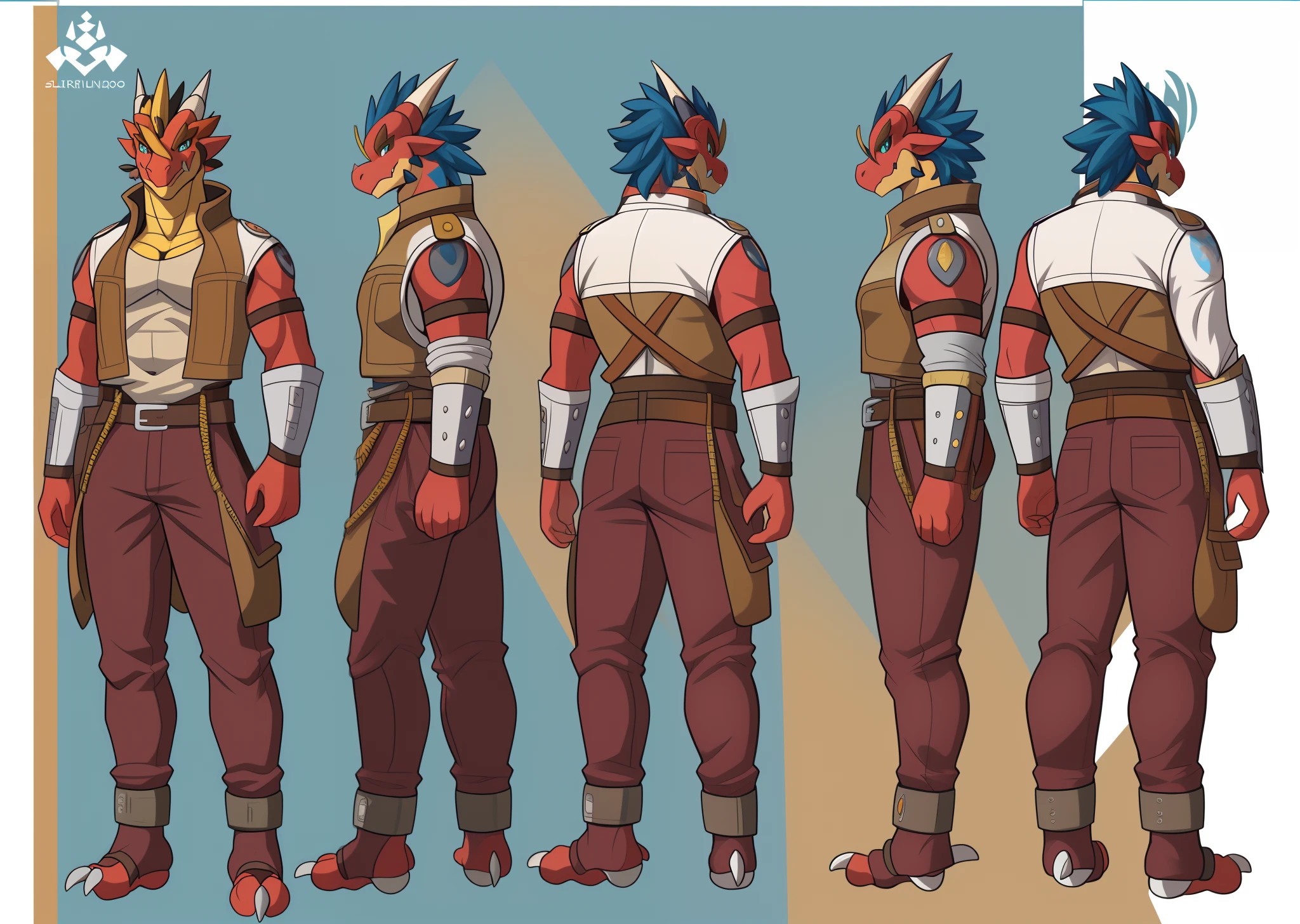 male character design, Arte conceptual detallado de cuerpo completo, ((Character Design Sheet, Mismo personaje, Frente, lado, derriere)) Adventurous humanoid dragon, - Man with a Dragon Face, Disfraz de Indiana Jones, Dragon disguised as a bounty hunter, rostro detallado, expression of fury, delgado, sin cola, small horns, Blue Dragon, Blue dragon skin, rostro bien dibujado