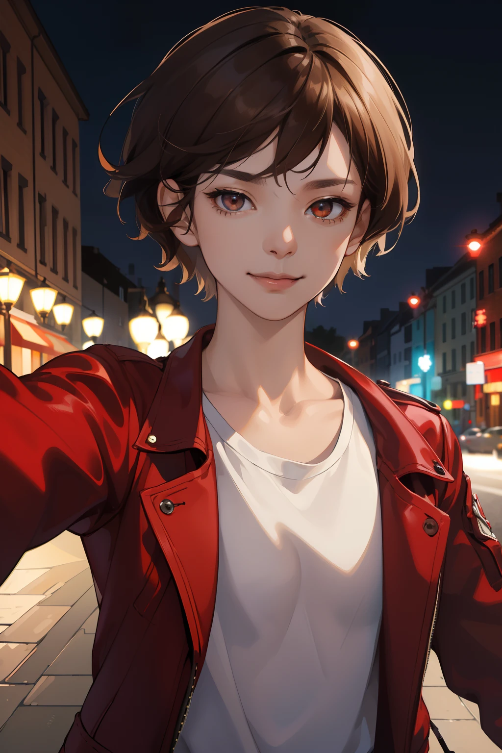 (absurdres, highres, ultra detailed, HDR), masterpiece, best quality, 1girl, pretty, very short hair, dark brown hair, brown eye, androgynous, lesbian, fine eye and detailed face, (white t-shirt), (red jacket), dimple, night street, night city, midnight, selfie shot, light smile