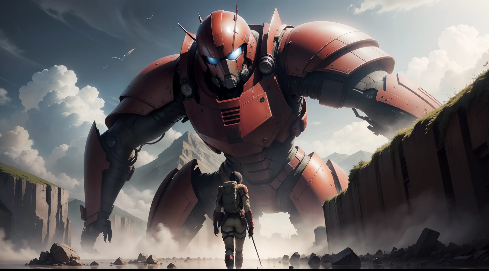 mikasa ackerman, soldier suit, landscape, giant titans