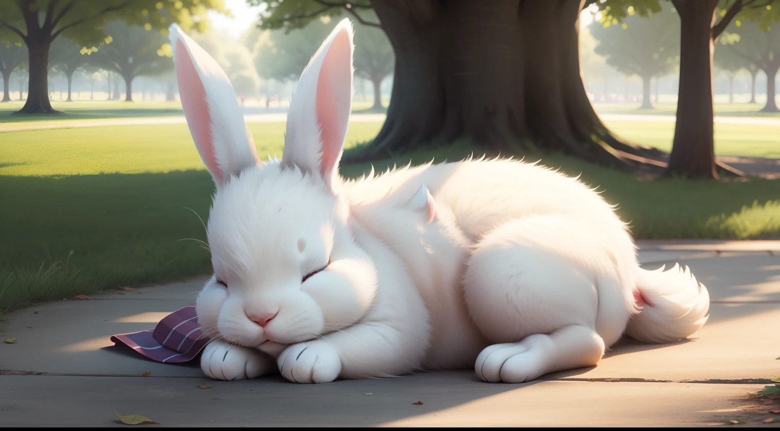 Lop-eared rabbit sleeping in the park