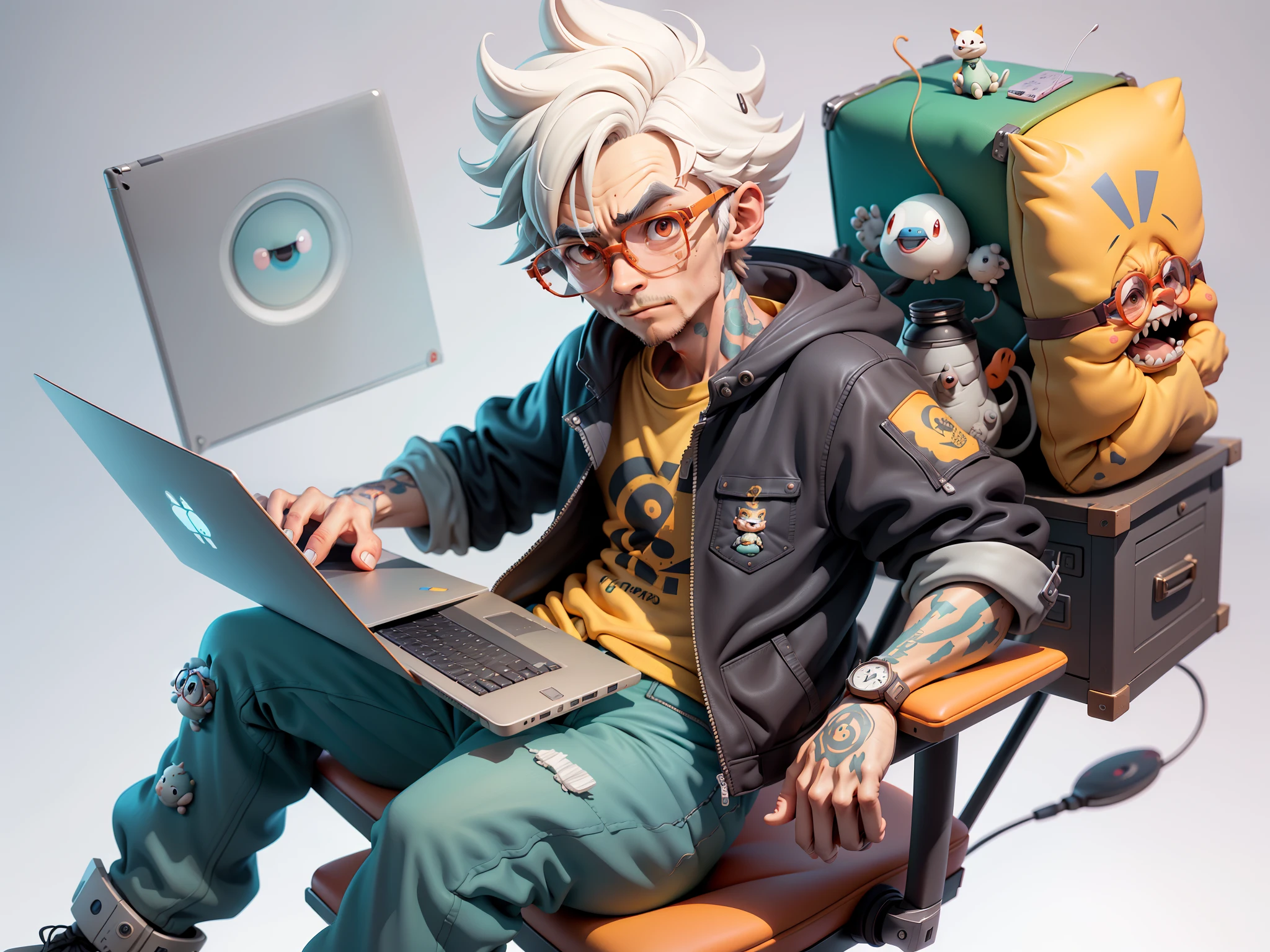 A young man with glasses sits at his desk，holding laptop，digitial painting，3D character design by Mark Clairen and Pixar and Hayao Miyazaki and Akira Toriyama，4K HD illustration，Very detailed facial features and cartoon-style visuals。