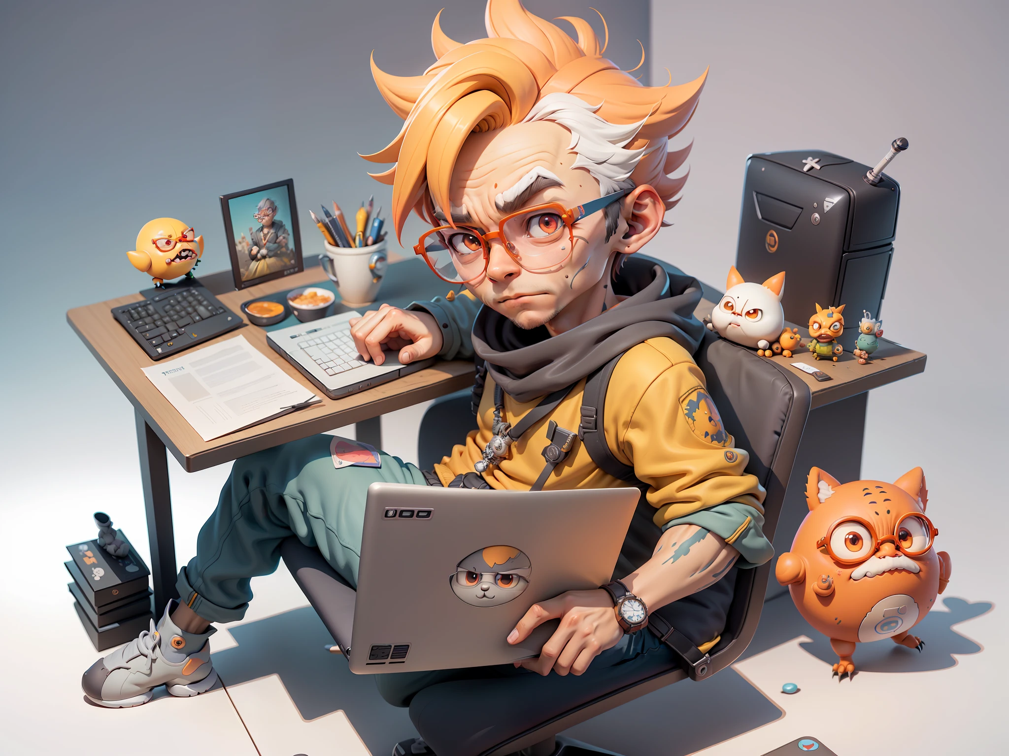 A young man with glasses sits at his desk,holding laptop,digitial painting,3D character design by Mark Clairen and Pixar and Hayao Miyazaki and Akira Toriyama,4K HD illustration,Very detailed facial features and cartoon-style visuals。