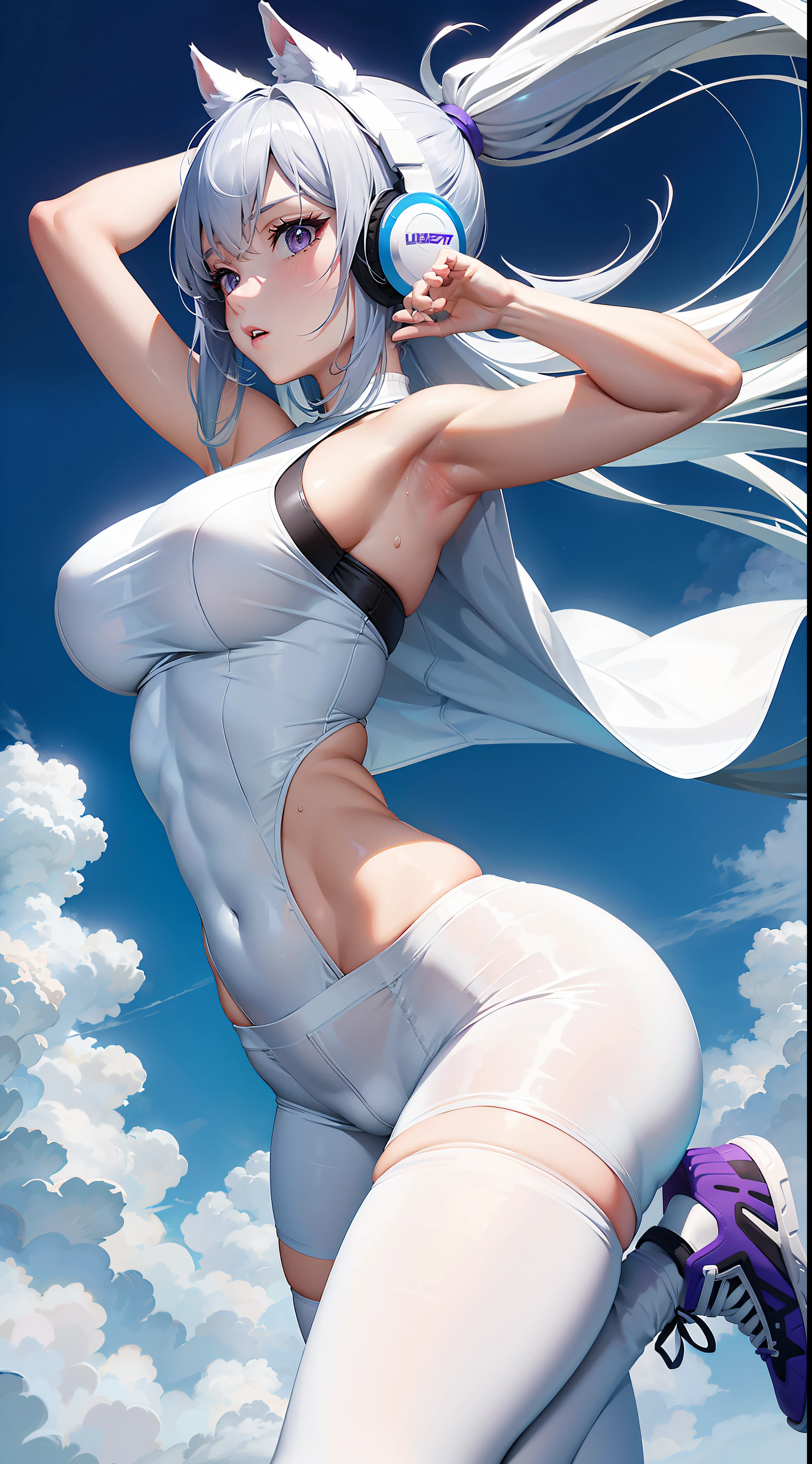 Comic style,High-quality characters,1个Giant Breast Girl,Exquisite facial features,The complexion is very fair,Lean body type,Thin leg,All-round illumination,Side view,Close-up distance,smallunderboob,Medium long hair in white purple,dual horsetail,Strip dyeing,White gradient hair color,Powder and white minimalist style headphones,short sleeve T-shirts,Sports coat,Light sports shorts,White pantyhose,Sneakers,Full Body Sweat,Raise your arms and stretch your waist,Park background。