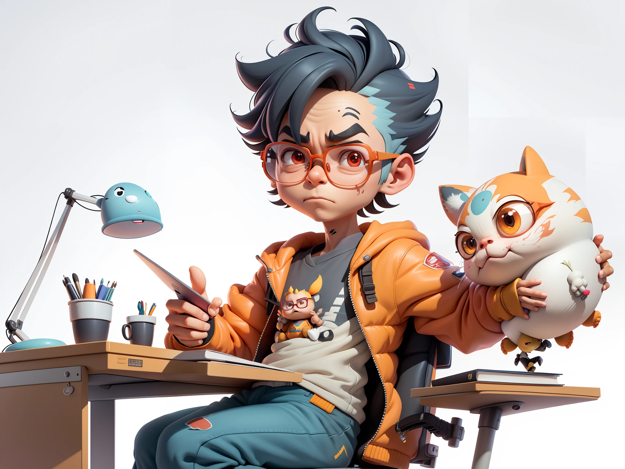 A young man with glasses sits at his desk，holding laptop，digitial painting，3D character design by Mark Clairen and Pixar and Hayao Miyazaki and Akira Toriyama，4K HD illustration，Very detailed facial features and cartoon-style visuals。