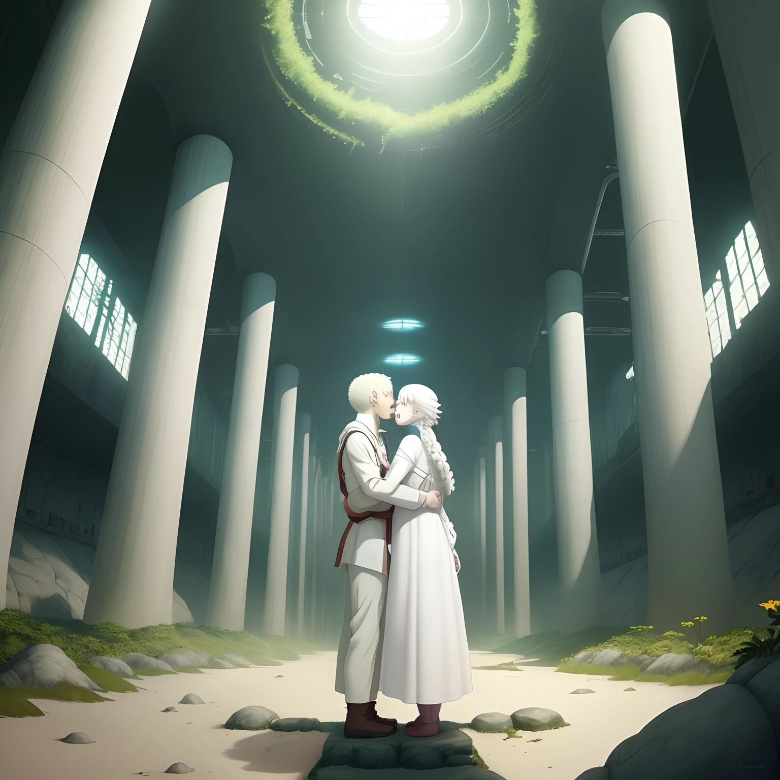 beautiful albino people living in an underground technological and natural paradise similar to the book Brave New World by Aldous Huxley, estilo anime del estudio Ghibli