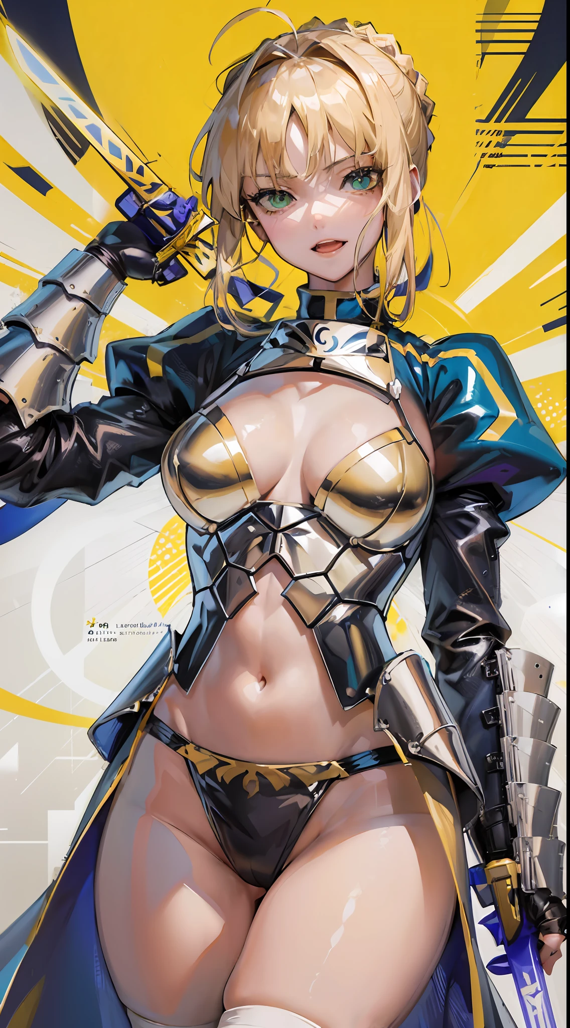 Artoria Pendragon (saber),Yellow theme，holdingsword，Armor，exposing your navel，Superskirt，Promotional poster style，D cup，exposing your navel，Sexy one-piece stockings，Happy look，Fleshy thighs
