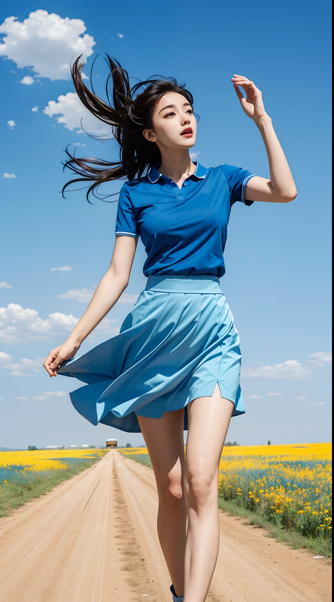 One wears blue short sleeves，pleatedskirt，Beautiful young woman，Bigchest，Blowing the wind on the steppe，32k，Ultra-clear picture，The sky is clear