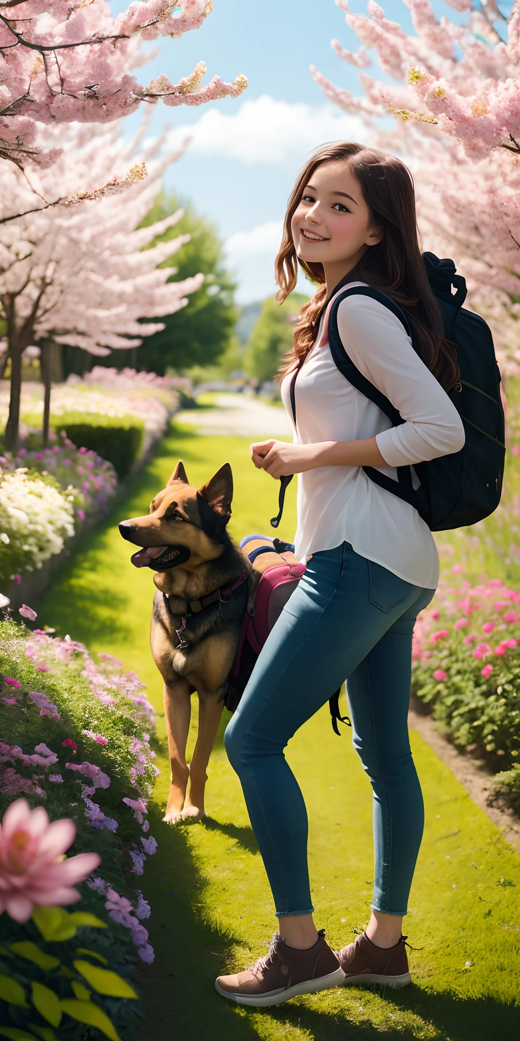 A very charming  with a backpack and her beautiful German Shepherd puppy enjoying a beautiful spring ride surrounded by beautiful colorful flowers and nature. The illustration is a high definition illustration in 4K resolution with highly detailed facial features and cartoon style visuals.