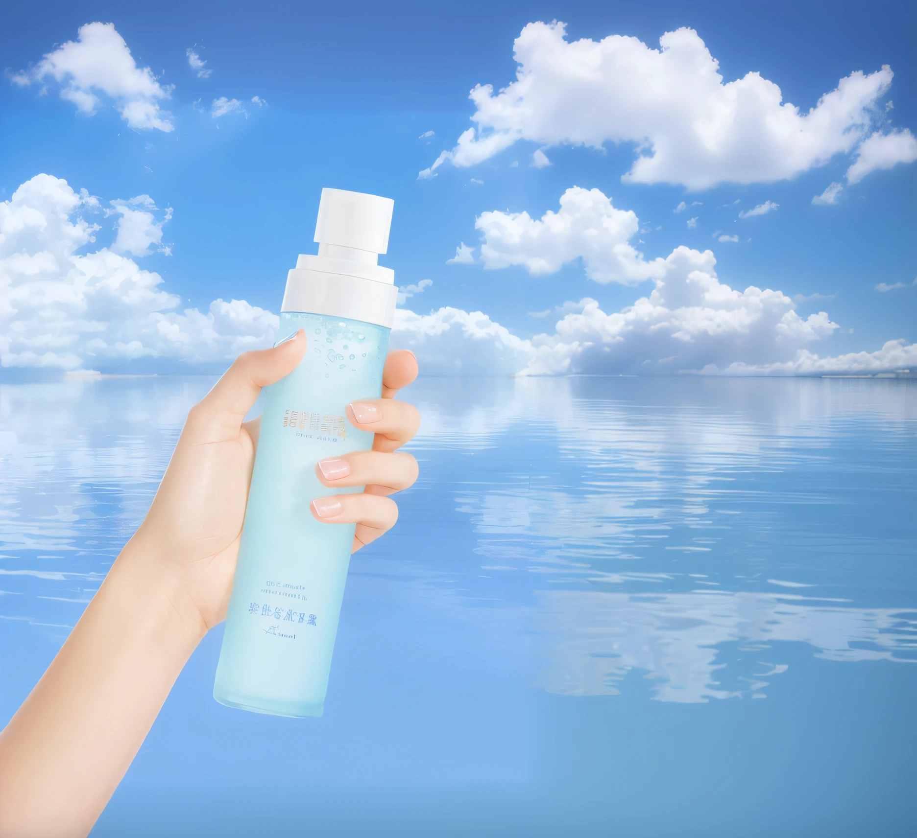 Someone is holding a bottle of water in his hand in the blue sky, Light blue mist, Lu Ji, Water mist, Official product image, Product photo, close-up product photo, jen zee, huleeb, product image, light blue water, Magic Mist, shaxi, heian, ethereal opalescent mist, background is heavenly, professional product shot