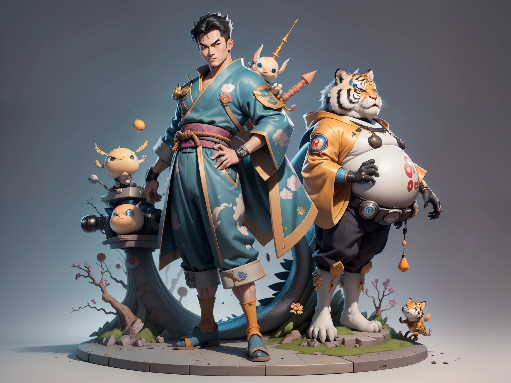 (Masterpiece), (Excellent), (Super Meticulous), (Full Body: 1.2), Super Young Man, Oriental Face, Japanese Kimono, Japanese Wind Thunder God, Dragon, Tiger, TV Anchor, Bust Portrait Illustration, Alone, Black Suit, Blue Tie, Slightly Chubby Face, Very Clean Face, No Beard, Black Super Short Hair, Black Eyes, Confident Smile, 3c Computer Sub-Products, iPad, iPhone, Digital Painting, 3D Character Design by Akira Toriyama and Mark Claireden and Pixar and Hayao Miyazaki, The illustration is a high-definition illustration in 4K resolution with very detailed facial features and cartoon-style visuals.