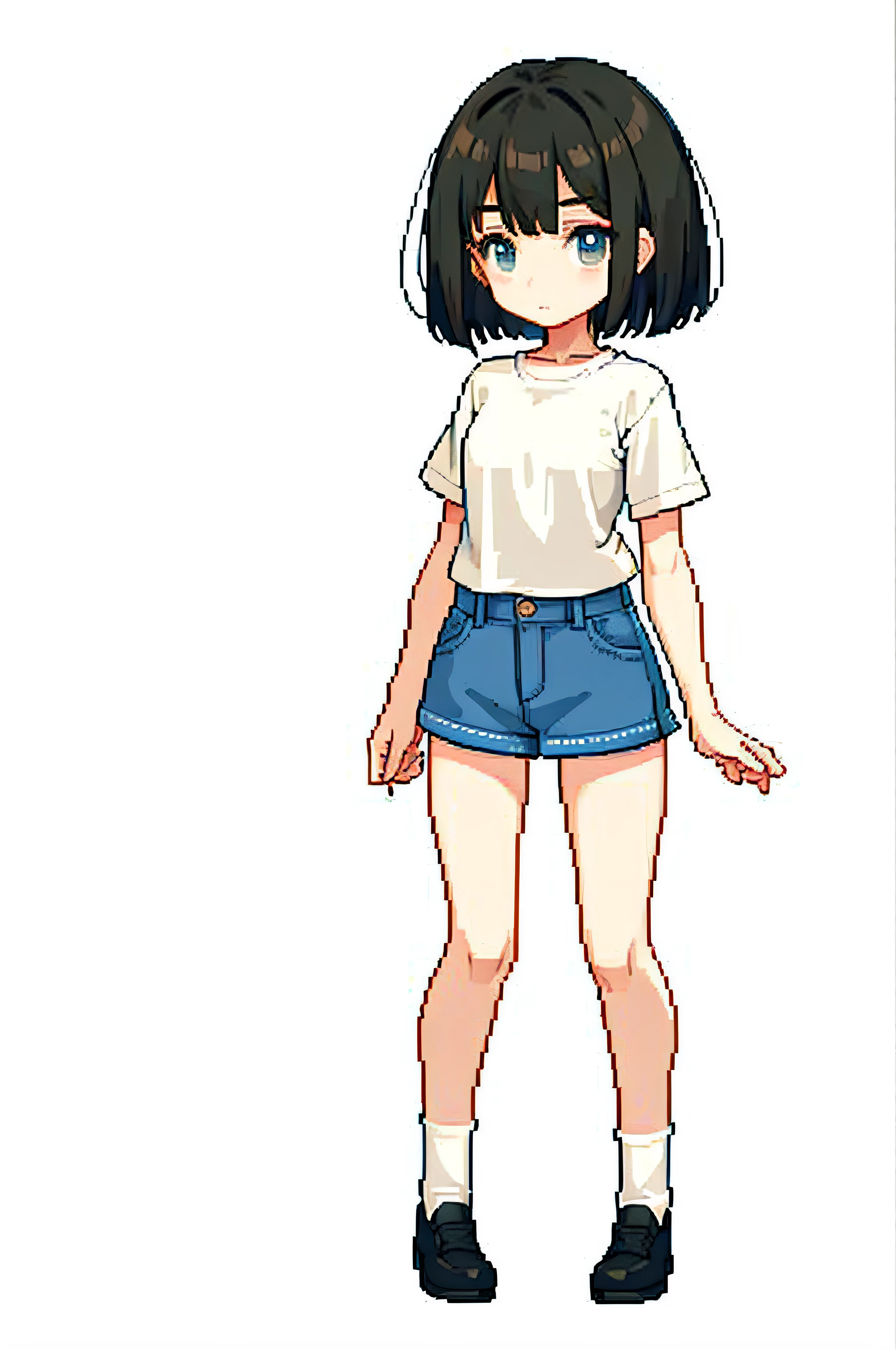 Photorealsitic, Bright indoor, Soft light, Low contrast, Shallow depth of field, Beautiful loli girl illuminated by gentle light, long straight bangs hair, hair color is a dark chestnut shade with a slight brown tone, hair with a subtle and gentle wave, Short bob hair, (White blouses), (Denim miniskirt), (Silk White Socks), (pumps), (Full body:1.5), squatting, Blank white background