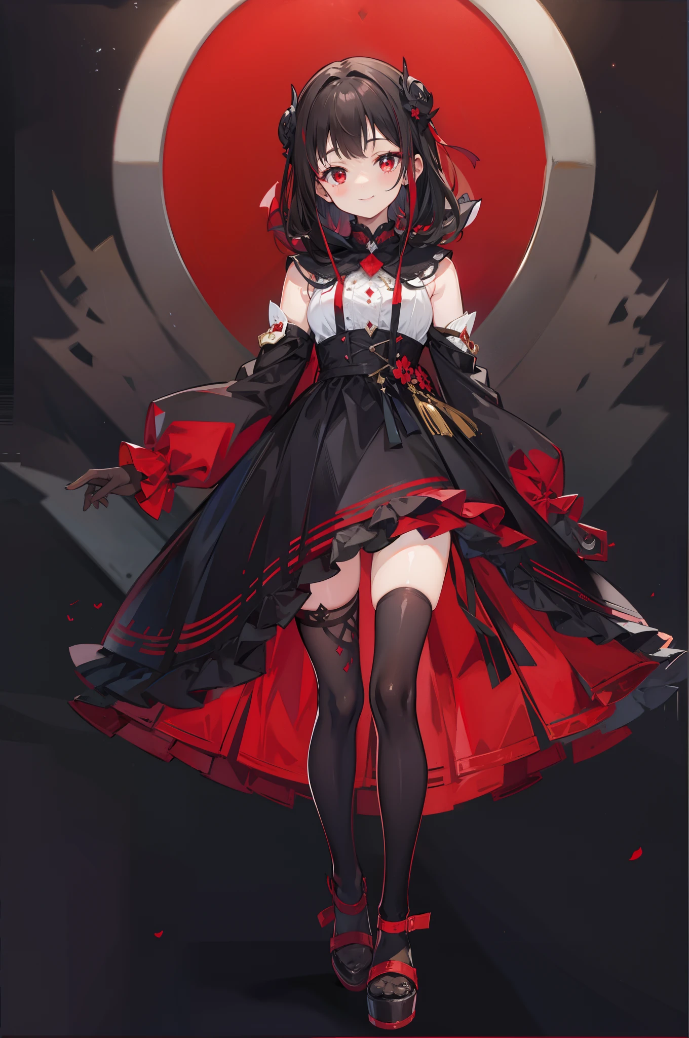 a smile、A dark-haired、red eyes