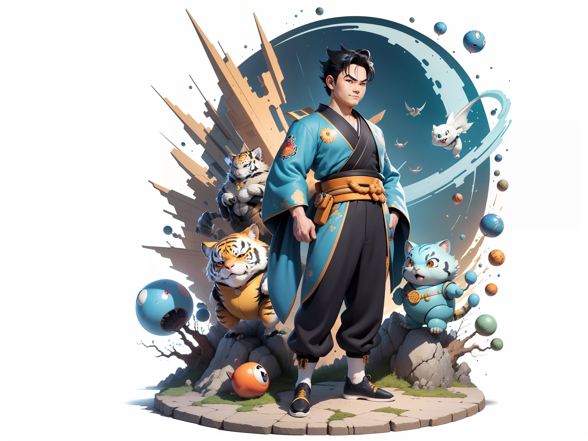 (Masterpiece), (Excellent), (Super Meticulous), (Full Body: 1.2), Super Young Man, Oriental Face, Japanese Kimono, Japanese Wind Thunder God, Dragon, Tiger, TV Anchor, Bust Portrait Illustration, Alone, Black Suit, Blue Tie, Slightly Chubby Face, Very Clean Face, No Beard, Black Super Short Hair, Black Eyes, Confident Smile, 3c Computer Sub-Products, iPad, iPhone, Digital Painting, 3D Character Design by Akira Toriyama and Mark Claireden and Pixar and Hayao Miyazaki, The illustration is a high-definition illustration in 4K resolution with very detailed facial features and cartoon-style visuals.