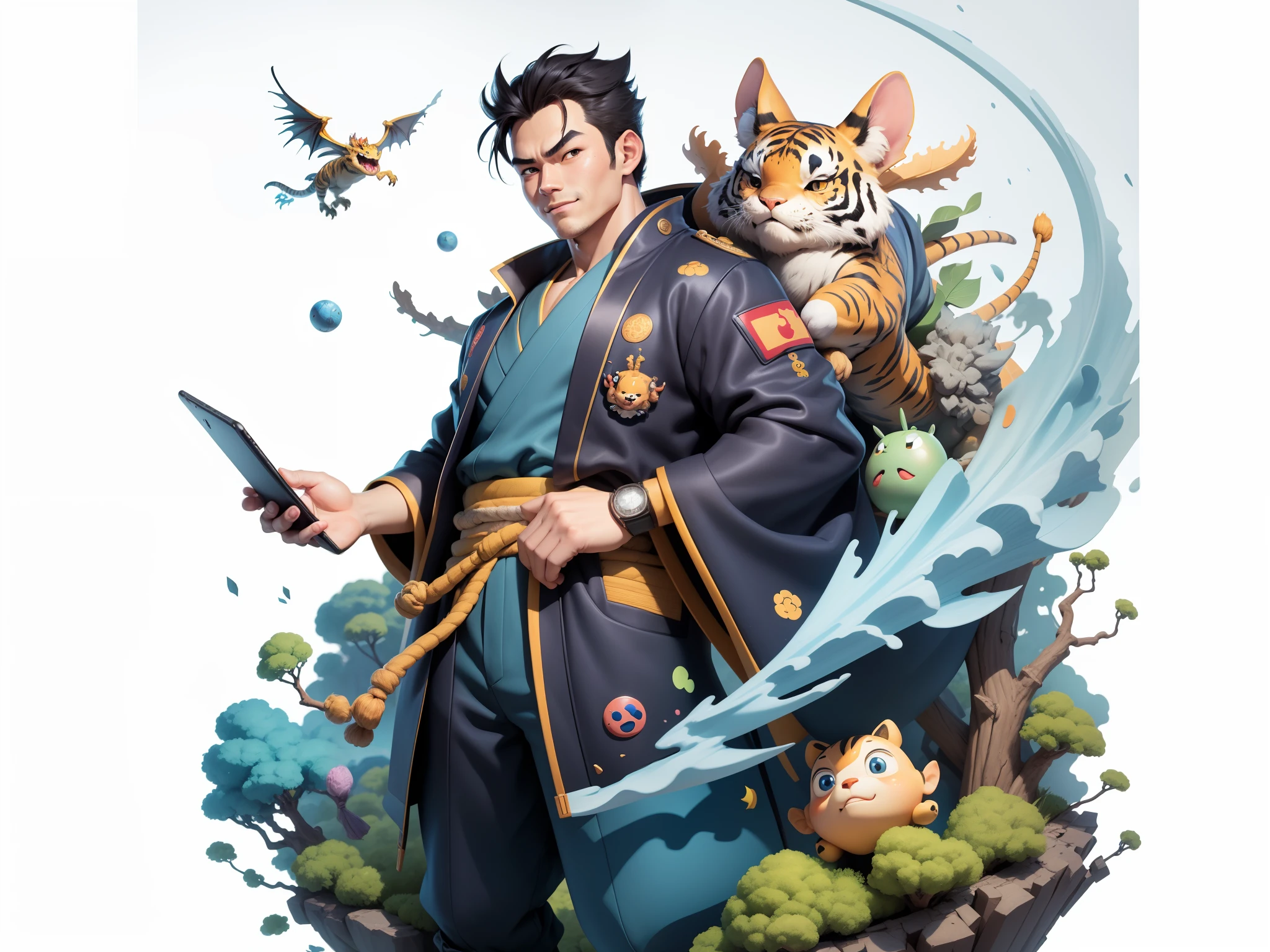 (Masterpiece), (Excellent), (Super Meticulous), (Full Body: 1.2), Super Young Man, Oriental Face, Japanese Kimono, Japanese Wind Thunder God, Dragon, Tiger, TV Anchor, Bust Portrait Illustration, Alone, Black Suit, Blue Tie, Slightly Chubby Face, Very Clean Face, No Beard, Black Super Short Hair, Black Eyes, Confident Smile, 3c Computer Sub-Products, iPad, iPhone, Digital Painting, 3D Character Design by Akira Toriyama and Mark Claireden and Pixar and Hayao Miyazaki, The illustration is a high-definition illustration in 4K resolution with very detailed facial features and cartoon-style visuals.