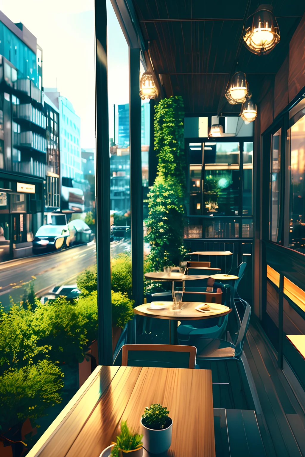 there is a table and chairs on a balcony with a view of a city, cozy cafe background, un restaurant avec une terrasse, a photorealistic rendering, photorealistic streetscape, photorealistic style, photorealistic cinematic render, photo realistic style, hyper detailed scene, rendered in lumion pro, hyper realistic detailed render, best on adobe stock, realistic afternoon lighting