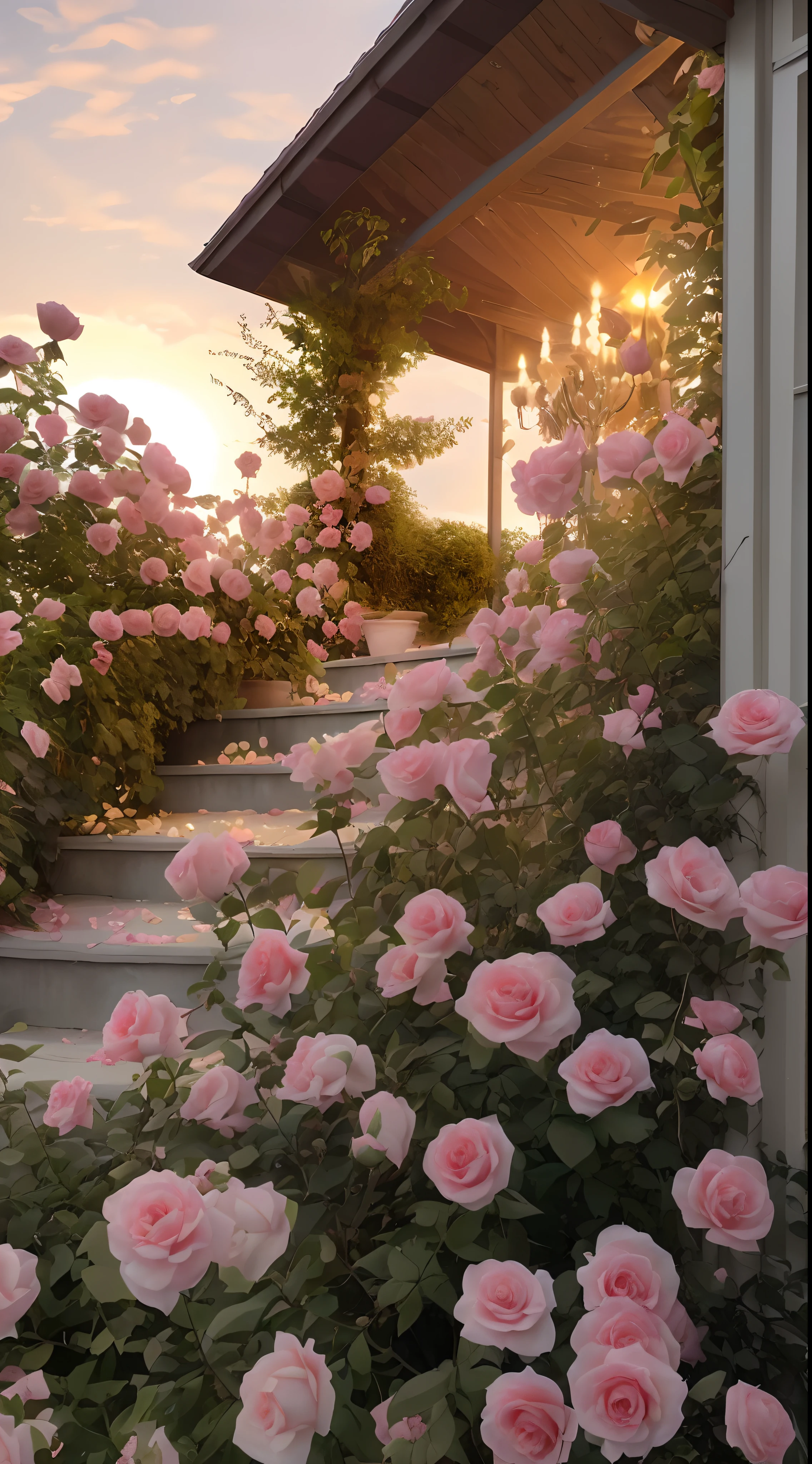 There is a clump of pink roses outside the house，Beautiful and aesthetic，with soft pink colors，Beautiful beauty，Roses in movie lights，Lush flowers outdoors，Natural and floral aesthetics，rose garden，rosette，portal made of roses，Beautiful images, rosette, Fantastic aesthetics, In a cottage core garden, Pink prime time，(masterpiece:1.6, best quality), (fine detailed beautiful eyes: 1.2), (the Extremely Detailed CG Unity 8K Wallpapers，tmasterpiece，ultra-detailliert，The best shadow)，(detailed back ground)，hight contrast，（best illuminate，Extremely refined and beautiful），（（Splash of colored paint on transparent background，Dulux，）），（（Caustics）），dynamic angle，beautiful detail glow，4K，Perfect flowers