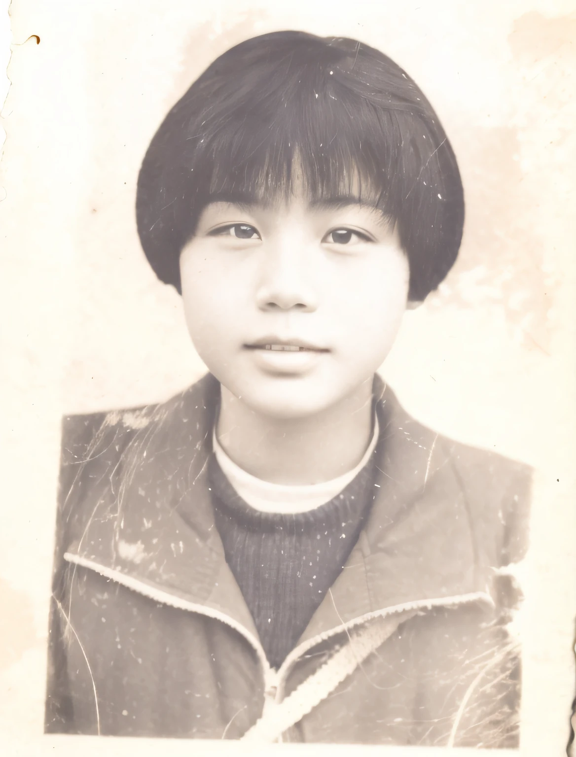 Photo of a ****** boy with black hair and brown jacket, jiyun chae, realistic old photograph, Kwak Ji-young, kazue kato, portrait of a japanese teen, jisu choe, photo of Girl, Kim Hyun-joo, eiko ishioka, aged photo, etsuko miura, old style photo