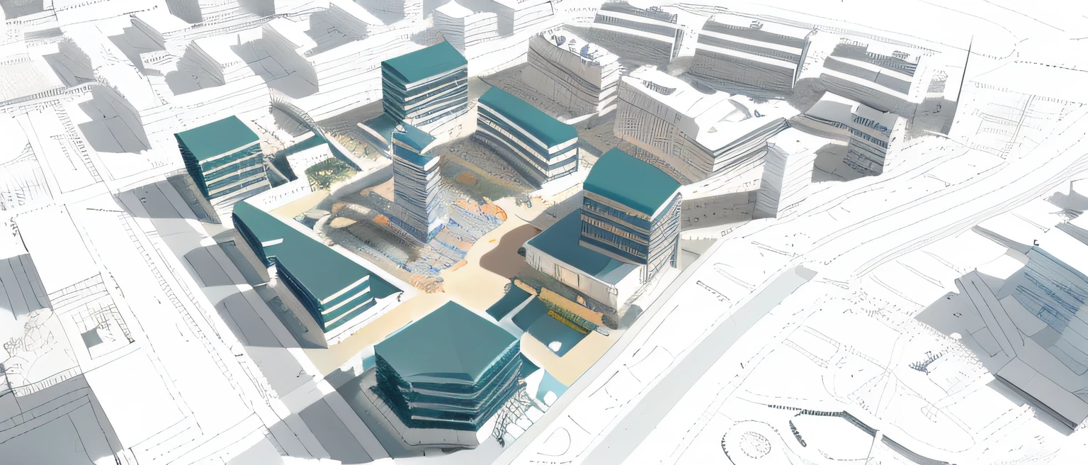 A rendering of a city with many buildings and fountains, complex 3 d render, Complex 3 D rendering, conceito, archviz, architecture render, center model buildings, a 3D render, architecture visualization, architectural render, 3 d perspective, digital model, Perspective view, 3D architecture, mixed development, Detailed rendering, rendering