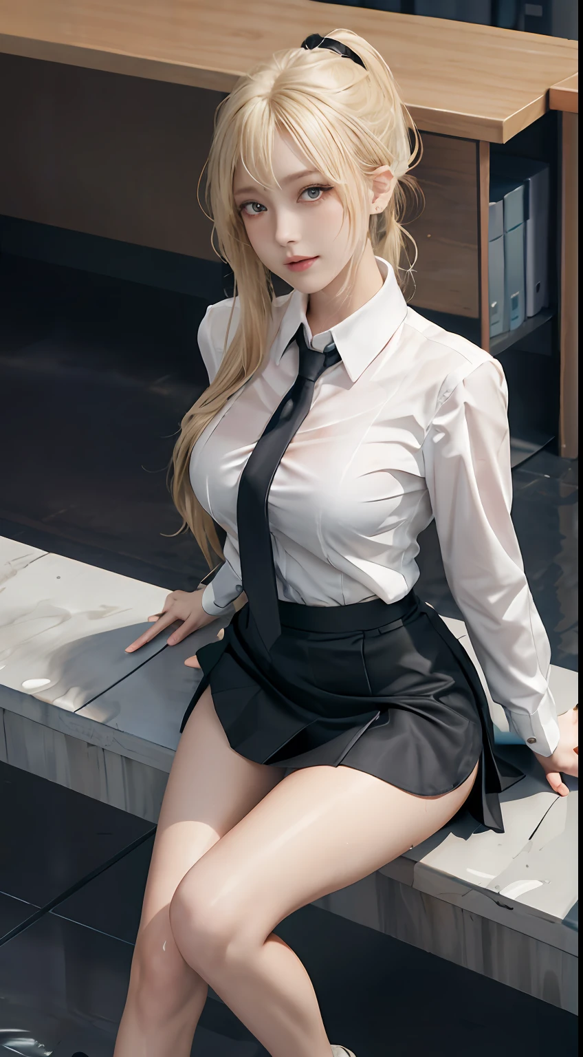 High quality, best quality, masterpiece, 8K, ultra-real, ridiculous, vibrator in panties, 1 girl, office, blonde, business suit, pen holder skirt, standing with legs extended: 1.1, blush, ponytail, wet panties, sitting, wet floor, (open clothes, expose entire breasts, flirt skirt: 1.1),