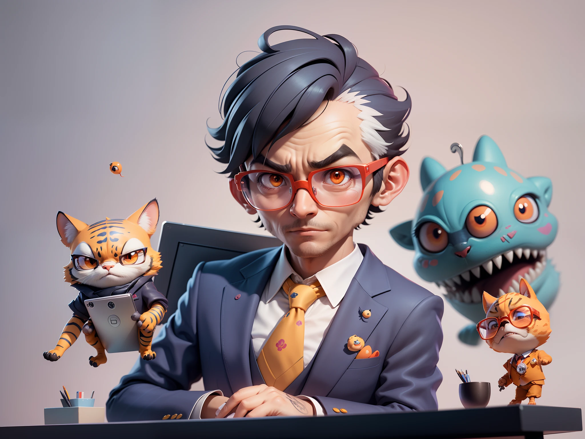 A young man in a suit, Short hair and glasses sat at his desk，holding laptop，digitial painting，tigre，3D character design by Mark Clairen and Pixar and Hayao Miyazaki and Akira Toriyama，4K HD illustration，Very detailed facial features and cartoon-style visuals。