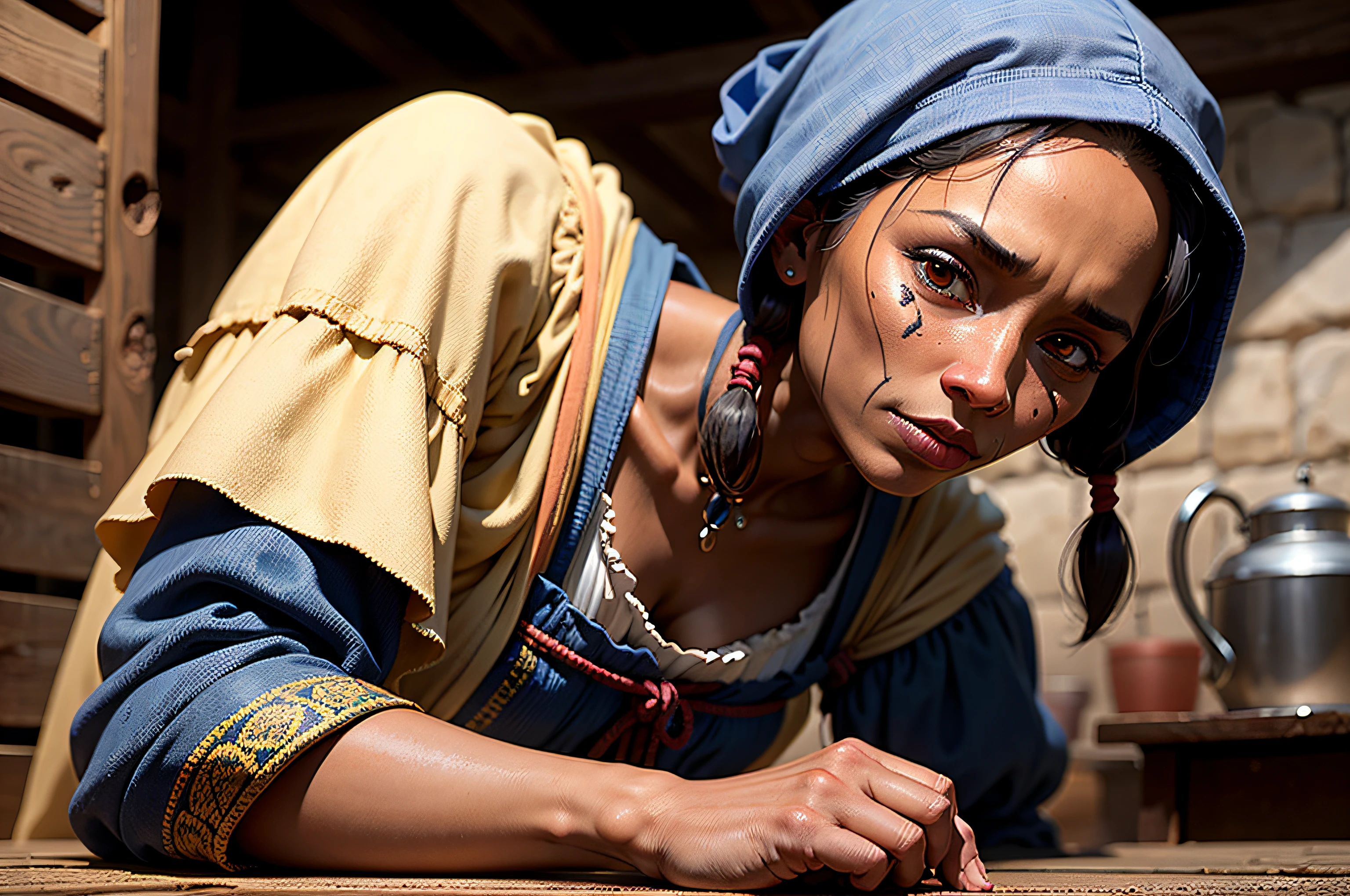 a peasant woman with severe skin depigmentation and a sickly appearance