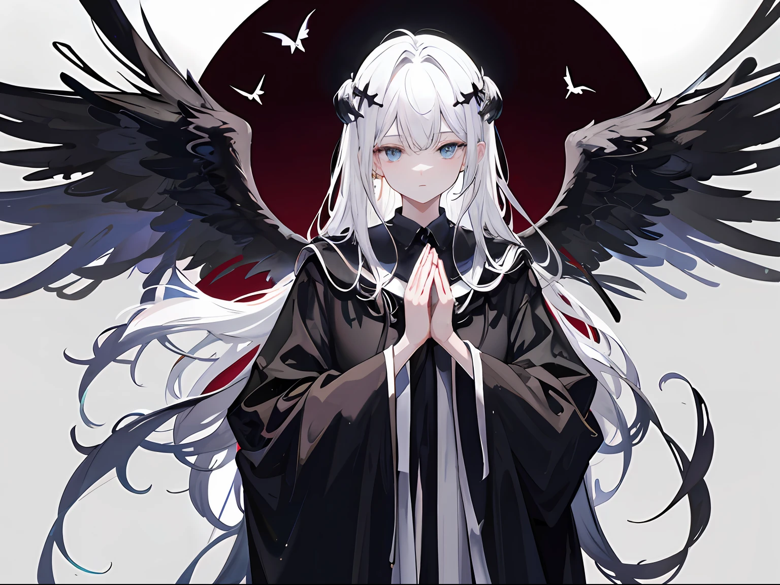 the angel's wings，Black religious robes，There is a hole in the top of the head，Dangling，Fly vertically，had his hands folded，pray，eye closeds，chies