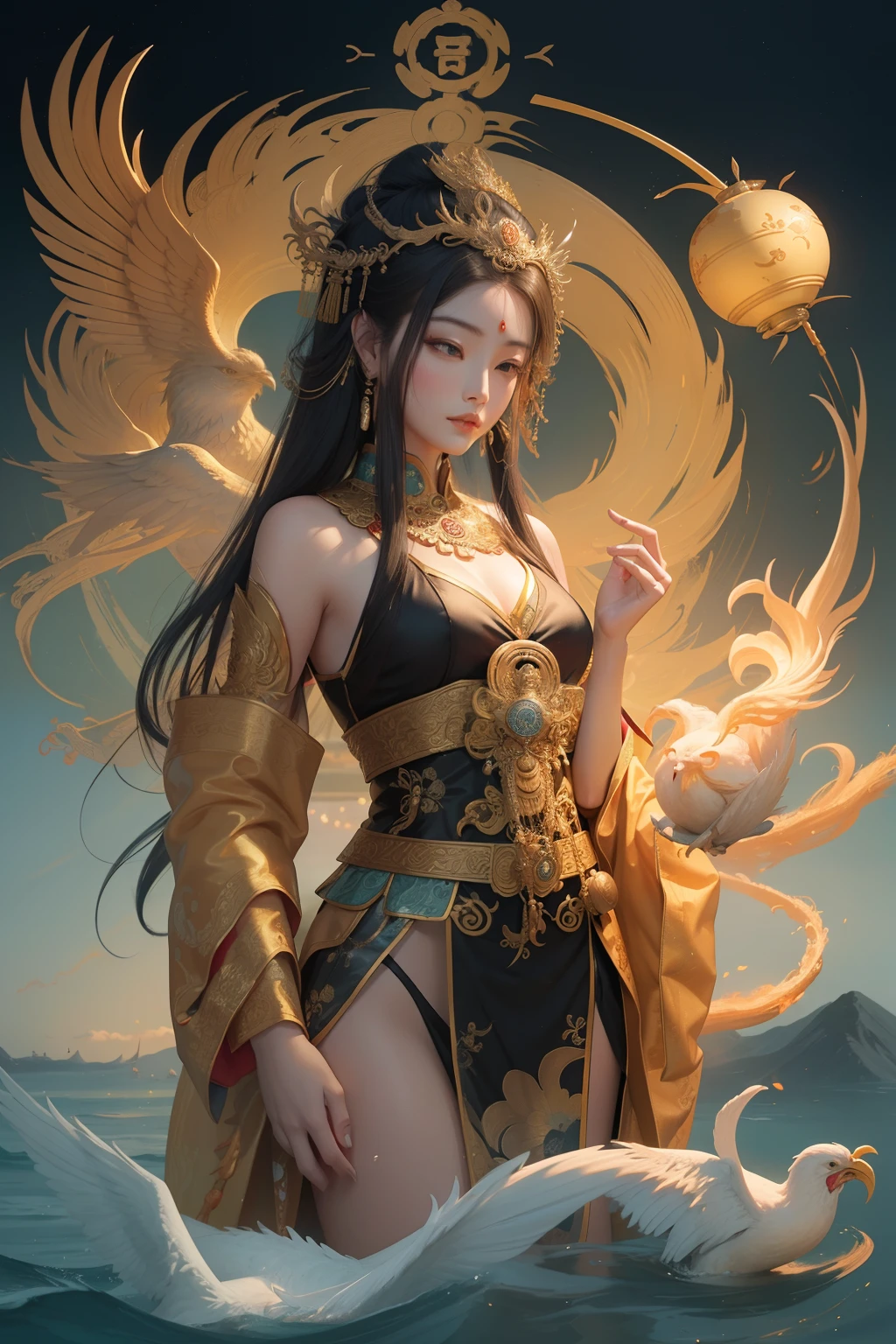 an ancient Chinese goddess, guanyin of the southern seas, Guanyin, Inspired by China, Avalokiteshvara rides a phoenix,,Serene expression,shui mo hua,Buddha,Buddhist,Lotus,Chinese painting style,Thangka style