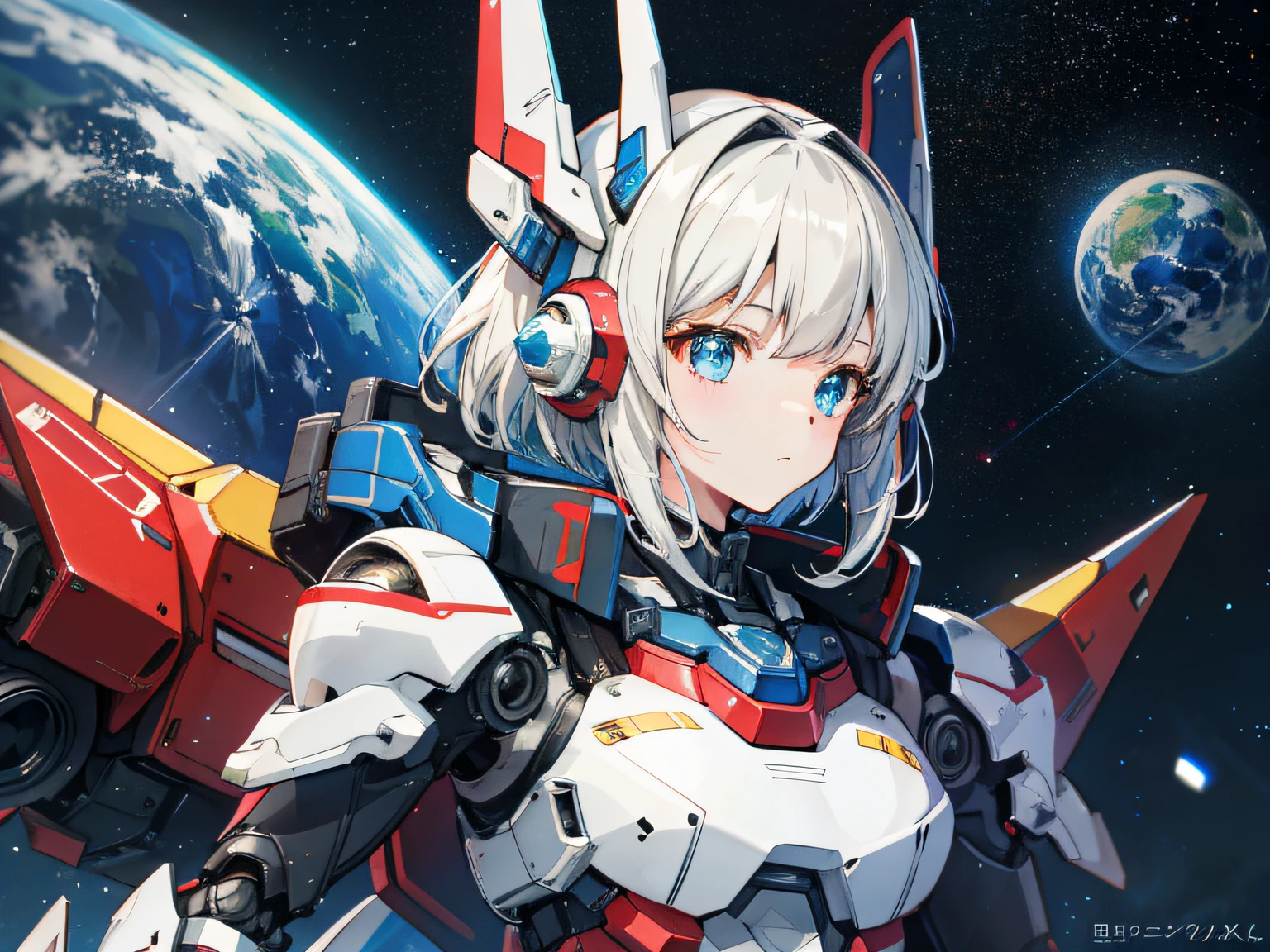 1girll, space, space station, stars, planetes, Mecha musume, mechanicalparts, Super robot joints, Full armor, Headgear, A high resolution, Best quality, ((Solo)) Masterpiece, High quality, 8K, Beautiful lighting, 1girll ((Solo)),bangs, looks away, Masterpiece,Best quality, Supergianthugebreasts_Detailed,A high resolution, Head