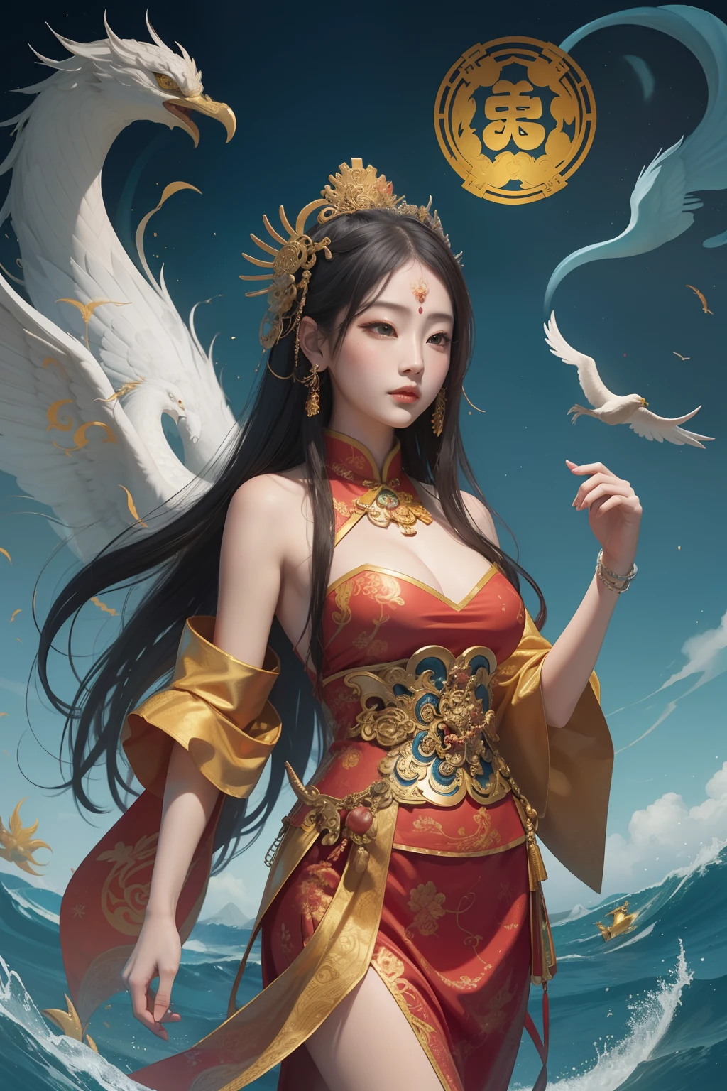 an ancient Chinese goddess, guanyin of the southern seas, Guanyin, Inspired by China, Avalokiteshvara rides a phoenix,,Serene expression,shui mo hua,Buddha,Buddhist,Lotus,Chinese painting style,Thangka style