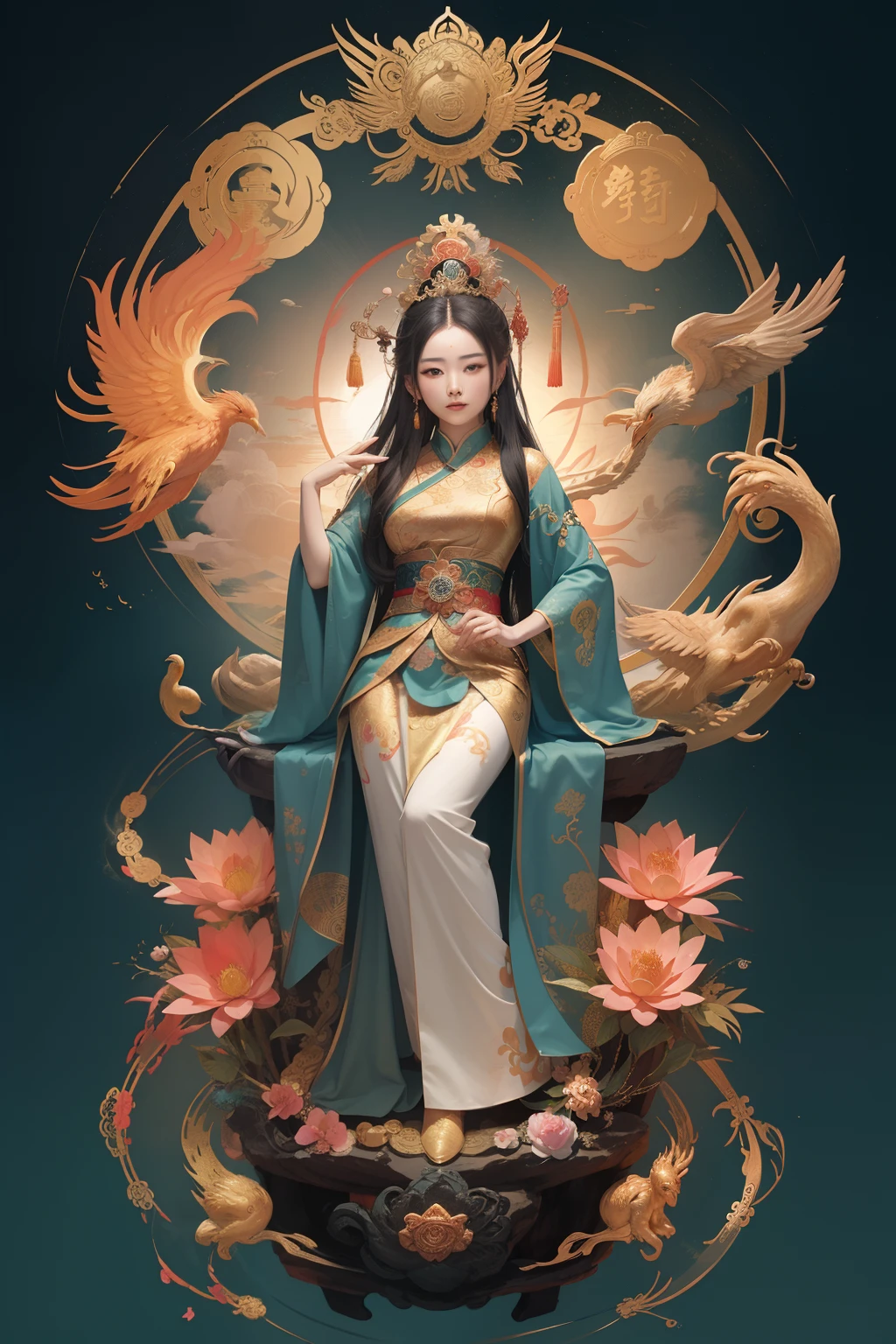 an ancient Chinese goddess, guanyin of the southern seas, Guanyin, Inspired by China, Avalokiteshvara rides a phoenix,,Serene expression,shui mo hua,Buddha,Buddhist,Lotus,Chinese painting style,Thangka style