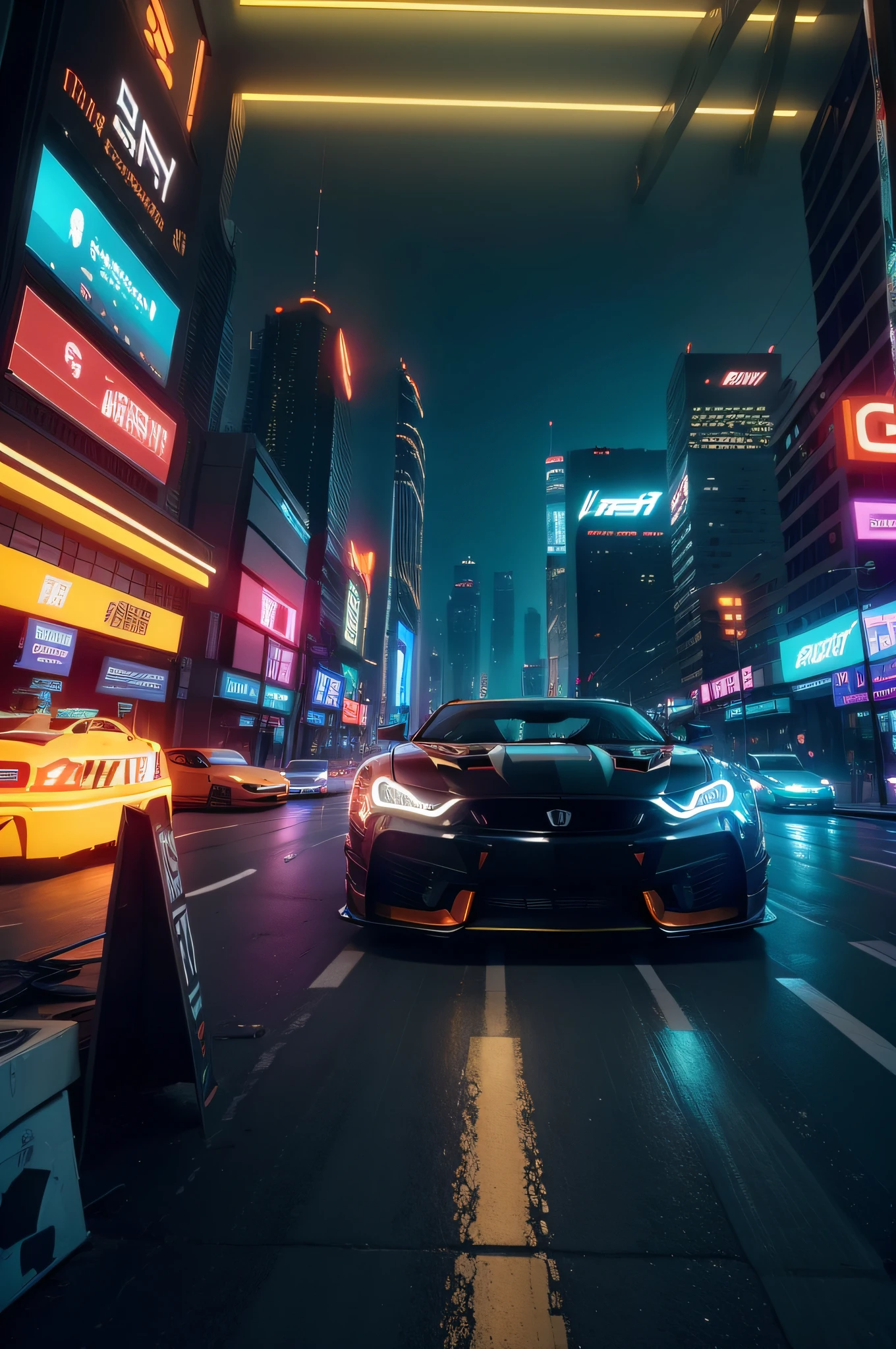 （high high quality，best qualityer），（Sharp focus）4K Unity wallpaper，Front quarter view，cyber punk perssonage（Orange sports car：1.2），Street style，Spoiler，rusted，Fragmentation，applique，（电影灯光） ：1.2)、depth of fields、bokeh、during night、Dark theme、城市、neonlight