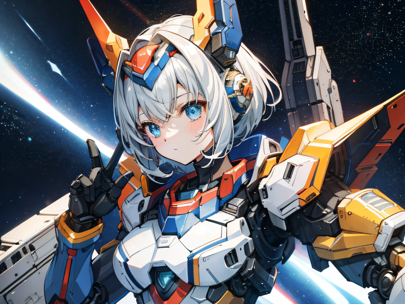 1girll, space, space station, stars, planetes, Mecha musume, mechanicalparts, Super robot joints, Full armor, Headgear, A high resolution, Best quality, ((Solo)) Masterpiece, High quality, 8K, Beautiful lighting, 1girll ((Solo)),bangs, looks away, Masterpiece,Best quality, Supergianthugebreasts_Detailed,A high resolution, Head