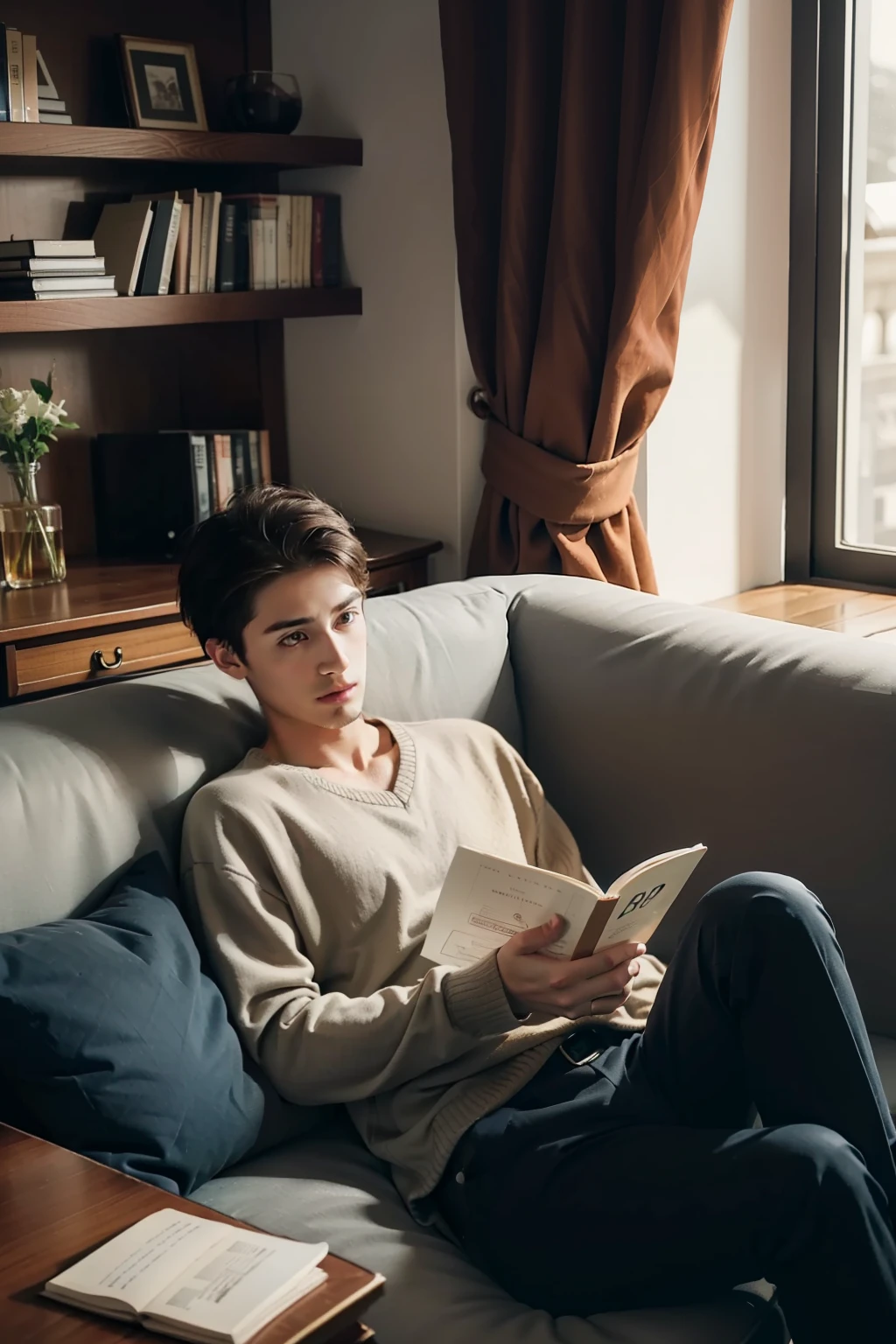 1 boy, sitting on the sofa reading a book. total wealth. 30 years old. fine tune